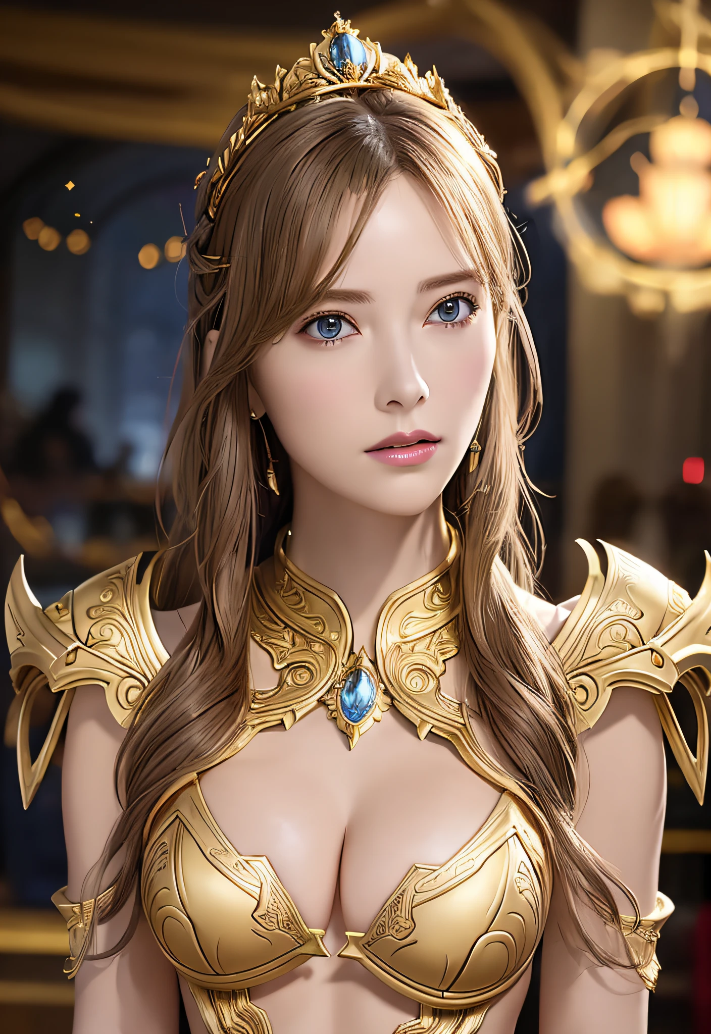 Protoss, (Best Quality), (Masterpiece), (High Resolution), (Intricate Detail),Ultra Detailed Complex 3D Rendering of Profile Face, (Photorealism), (Cinematic Light) Golden Crest, (Colossal: 6.8), Intricate Details, 1 Girl, No Bra, Clavicle, (Big), Big, (Long Hair:1.2) , Ultra High Definition, (Photorealistic:1.4) White skin, blue hair, steampunk, (perfect, with good details), gold crown, jewelry