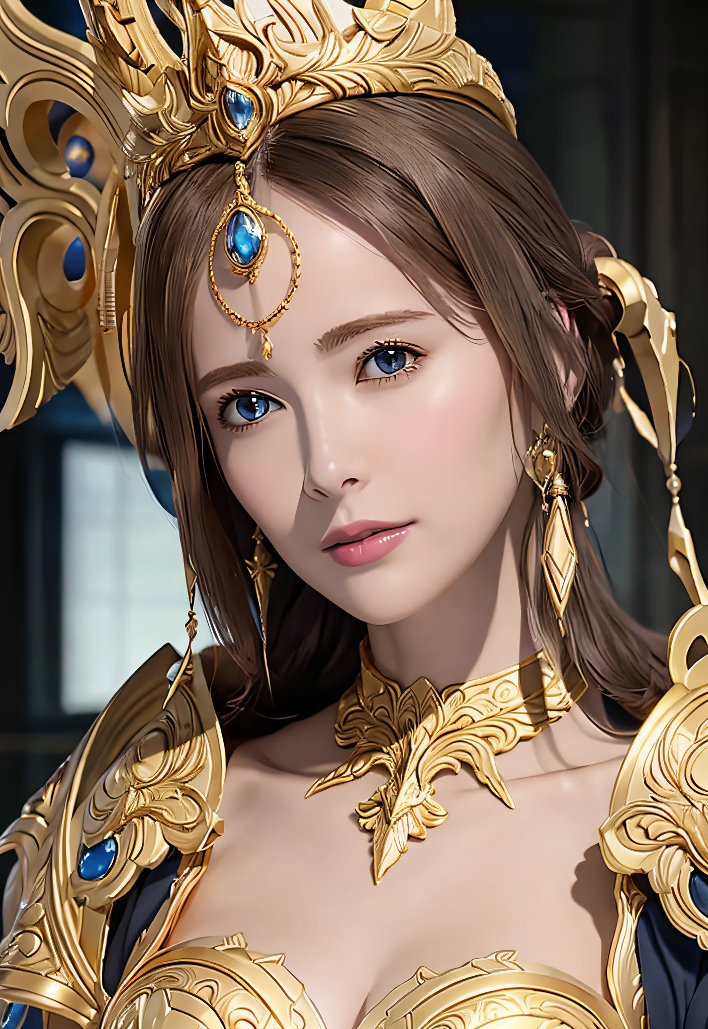 Protoss, (Best Quality), (Masterpiece), (High Resolution), (Intricate Detail),Ultra Detailed Complex 3D Rendering of Profile Face, (Photorealism), (Cinematic Light) Golden Crest, (Colossal: 6.8), Intricate Details, 1 Girl, No Bra, Clavicle, (Big), Big, (Long Hair:1.2) , Ultra High Definition, (Photorealistic:1.4) White skin, blue hair, steampunk, (perfect, with good details), gold crown, jewelry