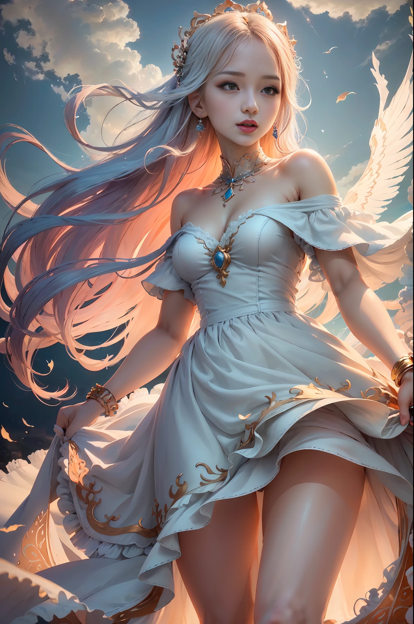(8k, RAW photo, photorealistic:1.4) ,( lip gloss, eyelashes, glossy side, shiny skin, best quality, super high resolution, depth of field, chromatic aberration, caustics, special light, natural shadow, crown, Kpop idol), light pink and sky blue style, (real: 1.2), 1girl, (orange sky: 1.5), tall and thin beauty goddess, flowing dress, conservative girl, cloud goddess, flowing white fabric, Wearing a flowing dress, (blue sky and white clouds in the background: 1.4), (wind: 1.5), (full body: 1.5), nhjy, a white dress with a peacock on it