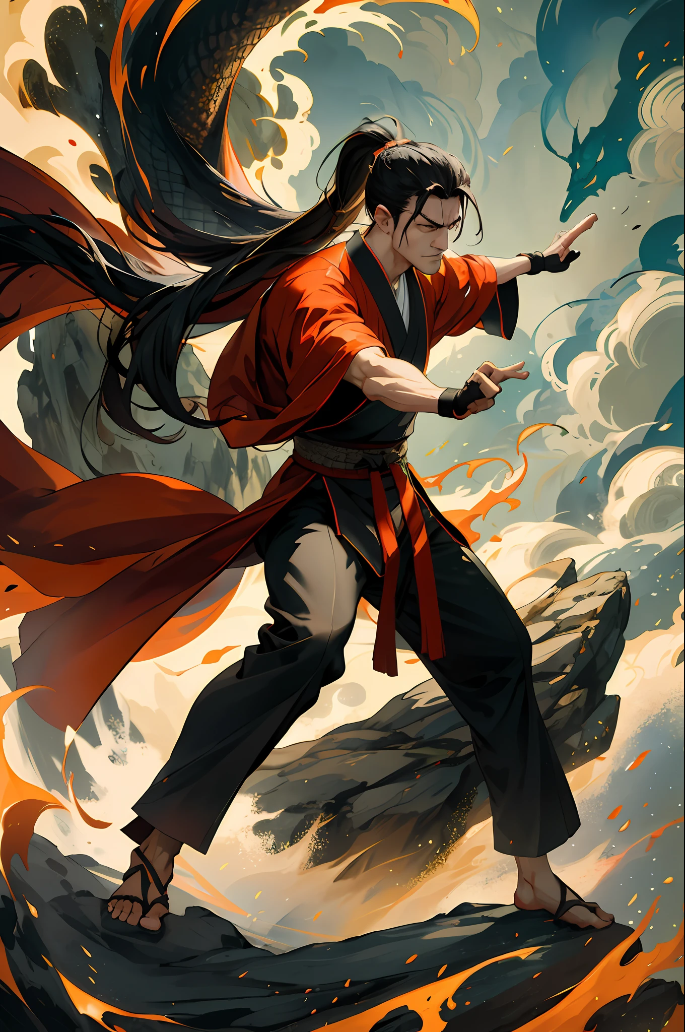 (Absurd, intricate details, masterpiece, best quality, high resolution, 8k), 1 male, mature, handsome, tall muscular man, broad shoulders, ponytail hair, dark brown eyes, fine eyes and detailed face, behind him is a huge water element, (style swirl magic: 0.7), (full body: 0.6), (Chinese fantasy theme: 1.1), hair fluttering in the wind, martial artist, dynamic pose, combat stance, clenched fists, fingerless gloves, wristbands, dragon-themed costumes, monk robes, Bamboo forest in background, rotating floating particles, dynamic composition, mysterious oriental medieval atmosphere, depth of field, visual effects.