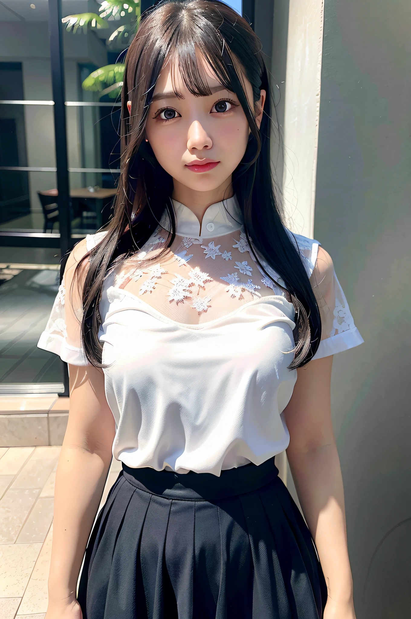 Putting photoreality to the highest quality and ultra-high resolution, one girl wears a sheer white shirt and lace skirt. The hair is faded gray, the chest is large, close-up in the viewer.