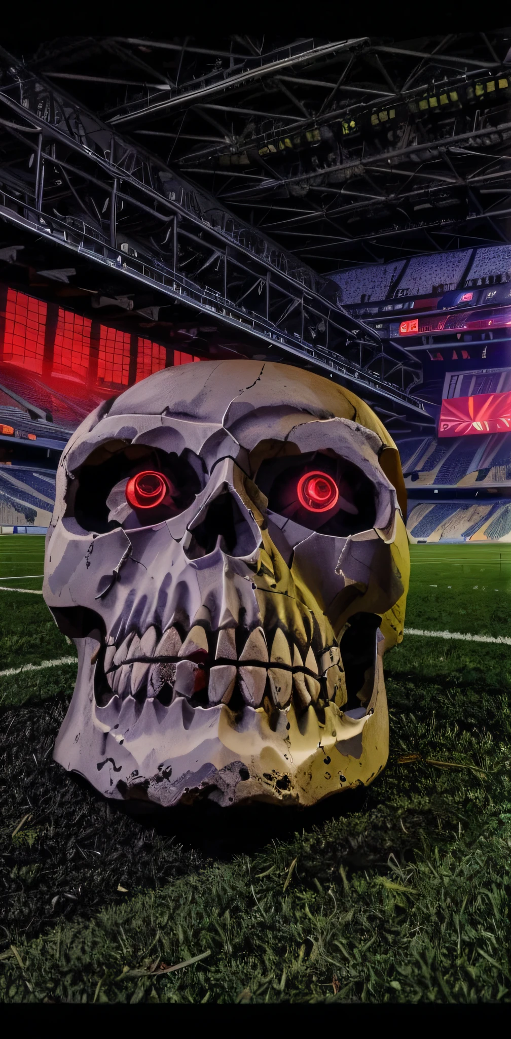 a close up of a skull on a field with a stadium in the background, spooky filter, with a spooky filter applied, metal skull with red eyes, dark eye sockets, very scary, scary atmosphere, spooky and scary atmosphere, skeleton with eyes, well detailed head with led eyes, with a skeleton army, by Tom Wänerstrand, frightening surroundings