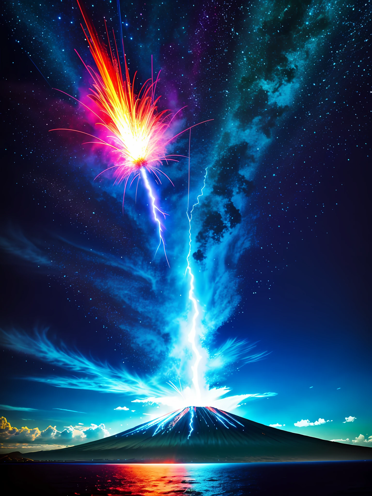 dramatic sky, blue lightning Style: masterpiece, best quality, 8k, sharp focus, realistic, ((Detailed)), ((Dynamic pose)), ((Good Highlights)), (Perfect Proportions), (dynamic), (intricate), (complimentary colors), good perspective, (Professional), (Award winning)
ADDCOMM
volcanic island background
Red flame, soft particles, explosion
BREAK
green flame, soft particles, explosion
BREAK
blue flame, soft particles, explosion
volcanic island background
