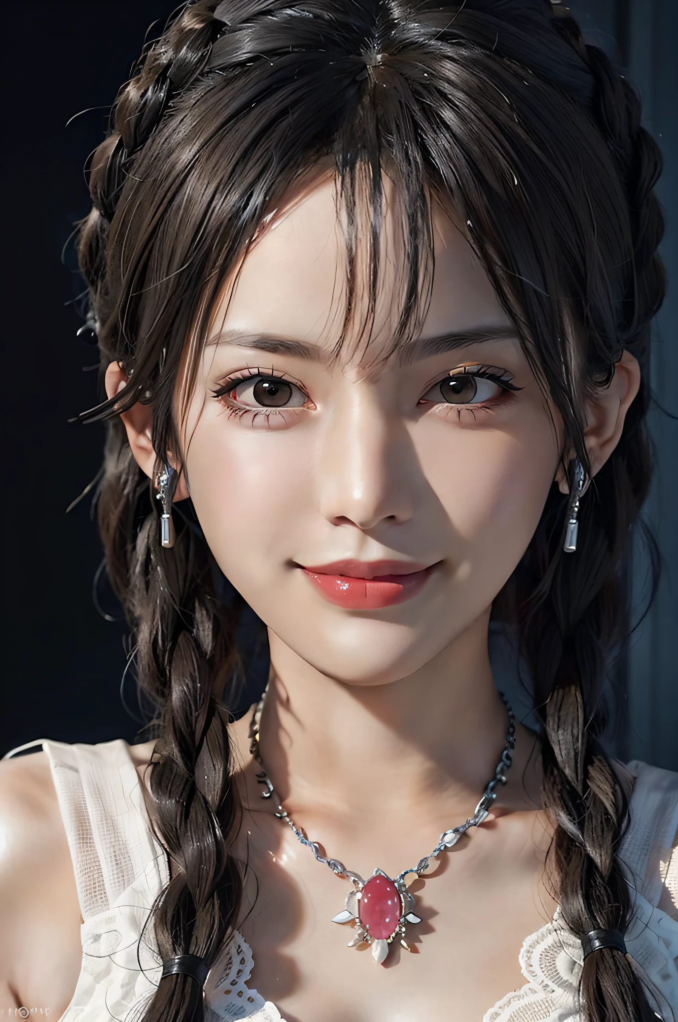 1 girl, photorealistic, naughty face, gray hair, rolling_eyes, ahegao, open mouth, evil smile, wind, twin_braids, earrings, jewelry, animal, ((face close-up)),