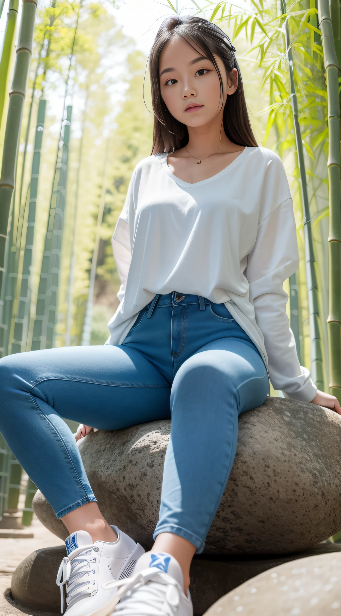 A girl wearing a soaked plain white shirt, blue skinny jeans and blue sneakers sits on a large stone in the bamboo forest