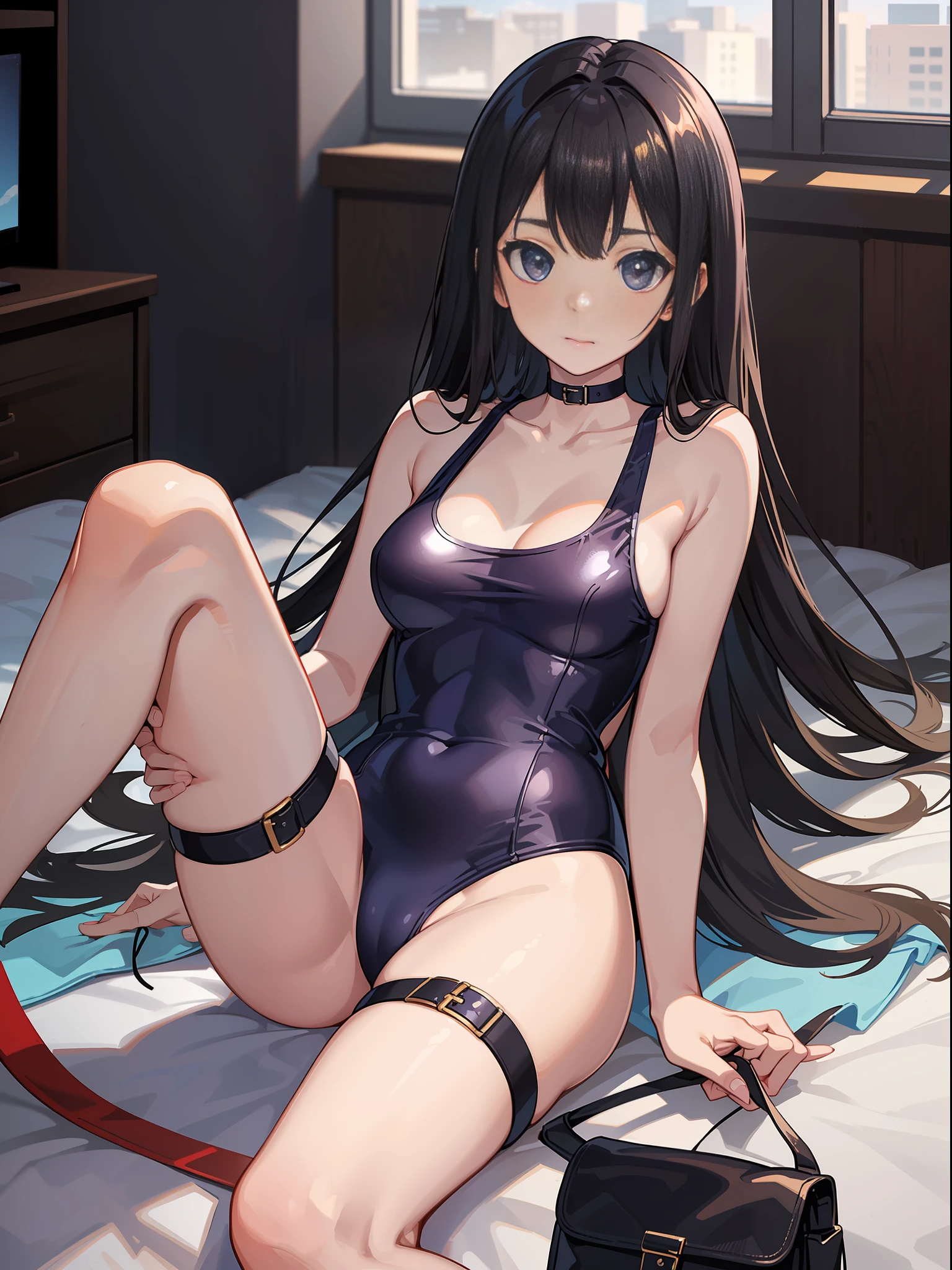 High resolution, top quality, super detail, fine detail, slender beautiful girl, school swimsuit, no blush, lying composition, lying down, club room, bite