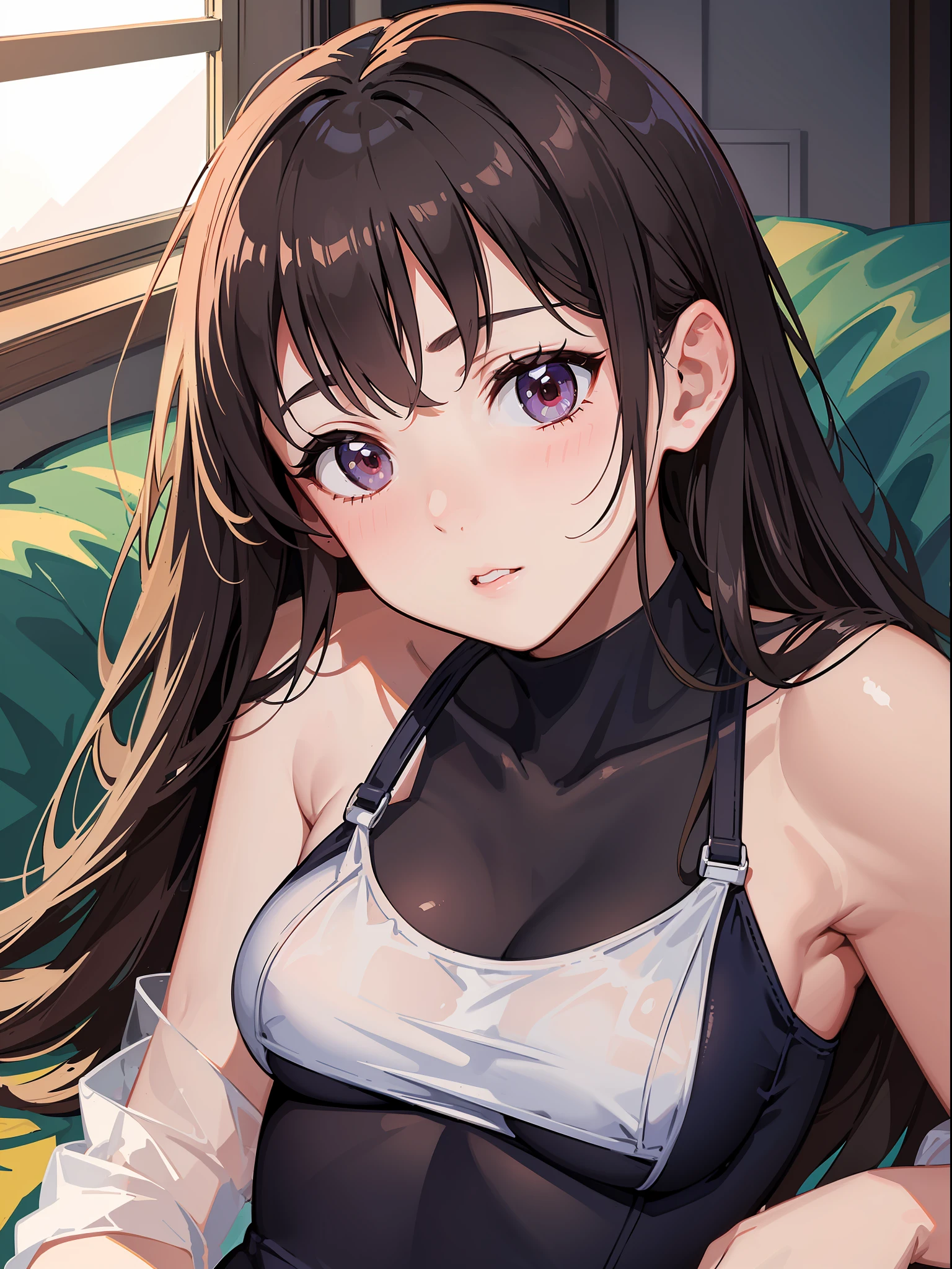 High resolution, top quality, super detail, fine detail, slender beautiful girl, school swimsuit, no blush, lying composition, lying down, club room, bite