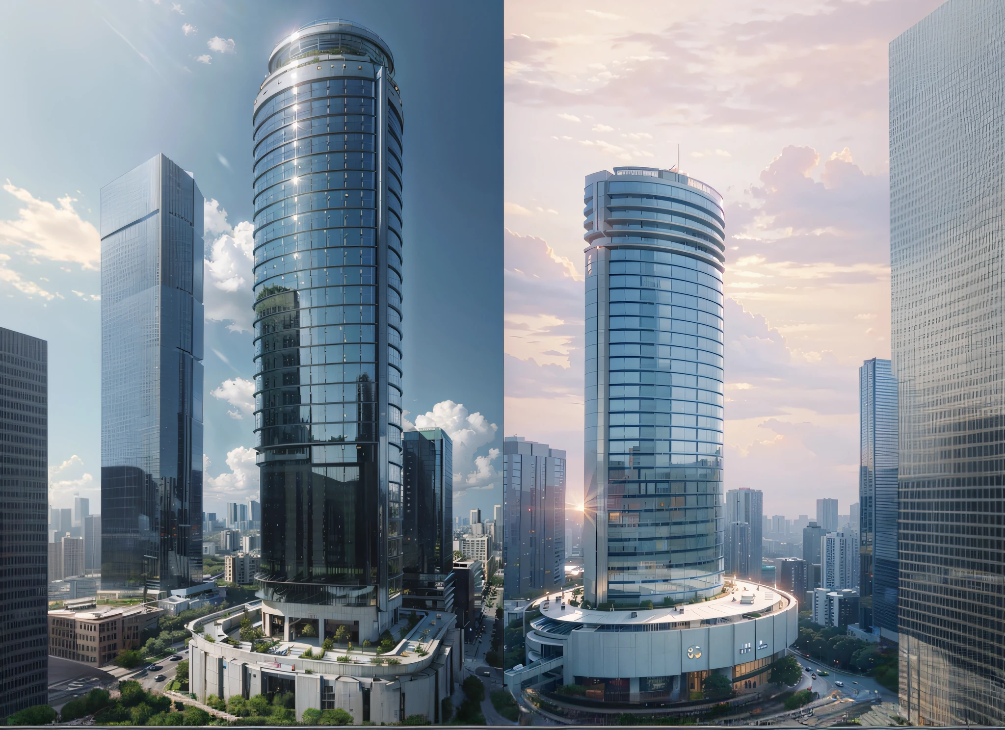 there are two pictures of a city with tall buildings and a sky background, skybridge towers, rendered in corona, circular towers, cinematic architectural scale, realistic cgi render, the hard and strong buildings, quality rendering, architectural visualization, artstation hq”, a photorealistic rendering, photorealistic cgi, lumion rendering, rtx rendering, highly detailed render, cgi rendering
