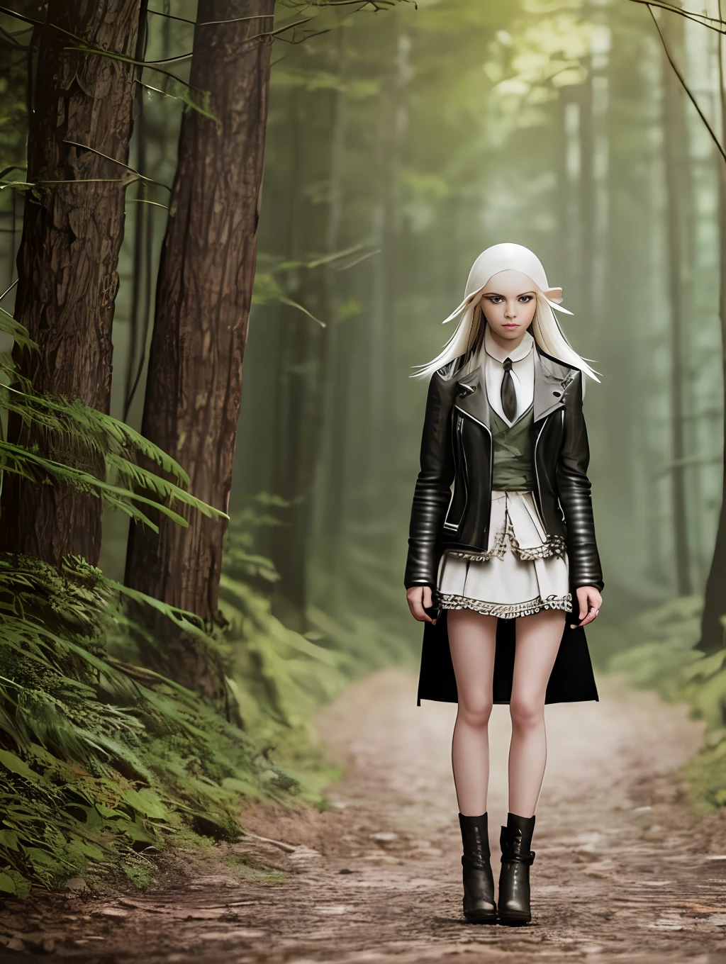 full body shot, a militantly sexy and stunningly beautiful long-haired green-eyed albino elf in a beautiful leather ultra-short skirt and a jacket with deep open cuts stands against the backdrop of a forest thicket on a forest alley shod in short boots, her legs are bare to panties, the back light is the sun's rays through the foliage of trees, front soft fill light,beautiful chiaroscuro on the body,shallow depth of field,high detail,clear focus,detail focus,photorealism,tranding on artstantion,mark ryden style --auto --s2
