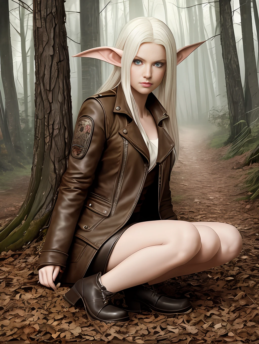 full body shot, a militantly sexy and stunningly beautiful long-haired green-eyed albino elf in a beautiful leather ultra-short skirt and a jacket with deep open cuts stands against the backdrop of a forest thicket on a forest alley shod in short boots, her legs are bare to panties, the back light is the sun's rays through the foliage of trees, front soft fill light,beautiful chiaroscuro on the body,shallow depth of field,high detail,clear focus,detail focus,photorealism,tranding on artstantion,mark ryden style --auto --s2