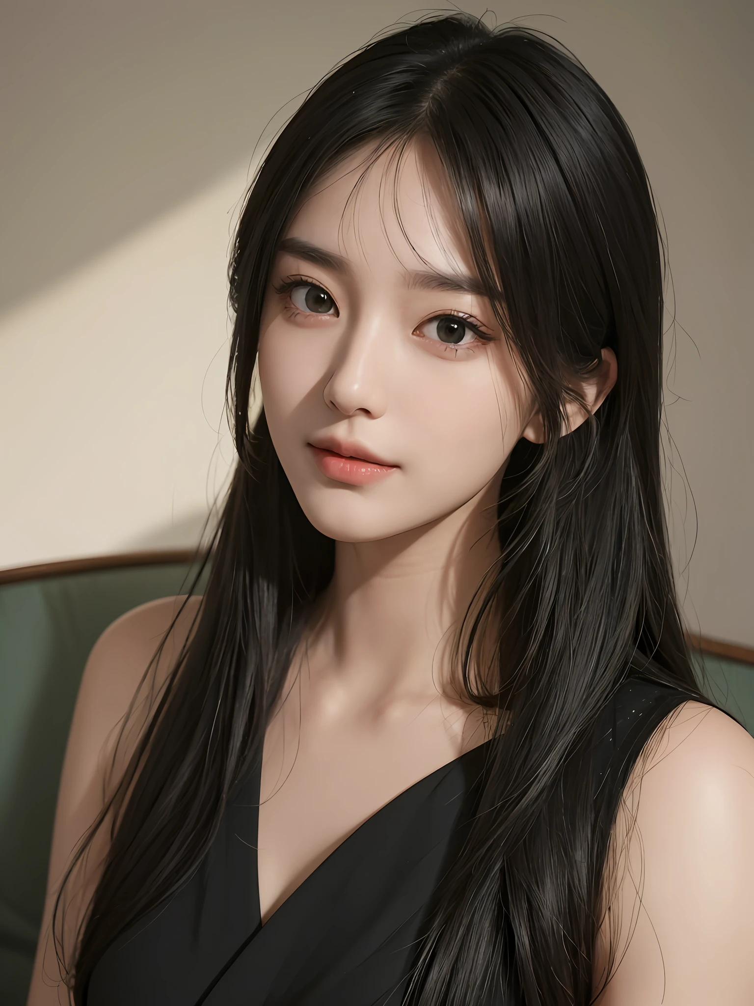 Masterpiece, best picture quality, high quality, beautiful woman, Japanese, popular Korean makeup, detailed, swollen eyes, detailed eyes, detailed skin, beautiful skin, ultra high resolution, (reality: 1.4),very beautiful, slightly younger face, beautiful skin, slender, (ultra realistic), (illustration), (high resolution), (8K), (very detailed) (best illustration), (beautifully detailed eyes), (super detailed), (wallpaper), (detailed face), looking at viewer, fine details, detailed face, pureerosfaceace_v1, smiling, looking straight ahead, looking straight ahead, angle from waist up, realistic photo, bright lighting, professional lighting, black hair (some of hair part green), long hair, dark ruins, big red moon, gorgeous red and black dress, mature woman, long stylish bangs,