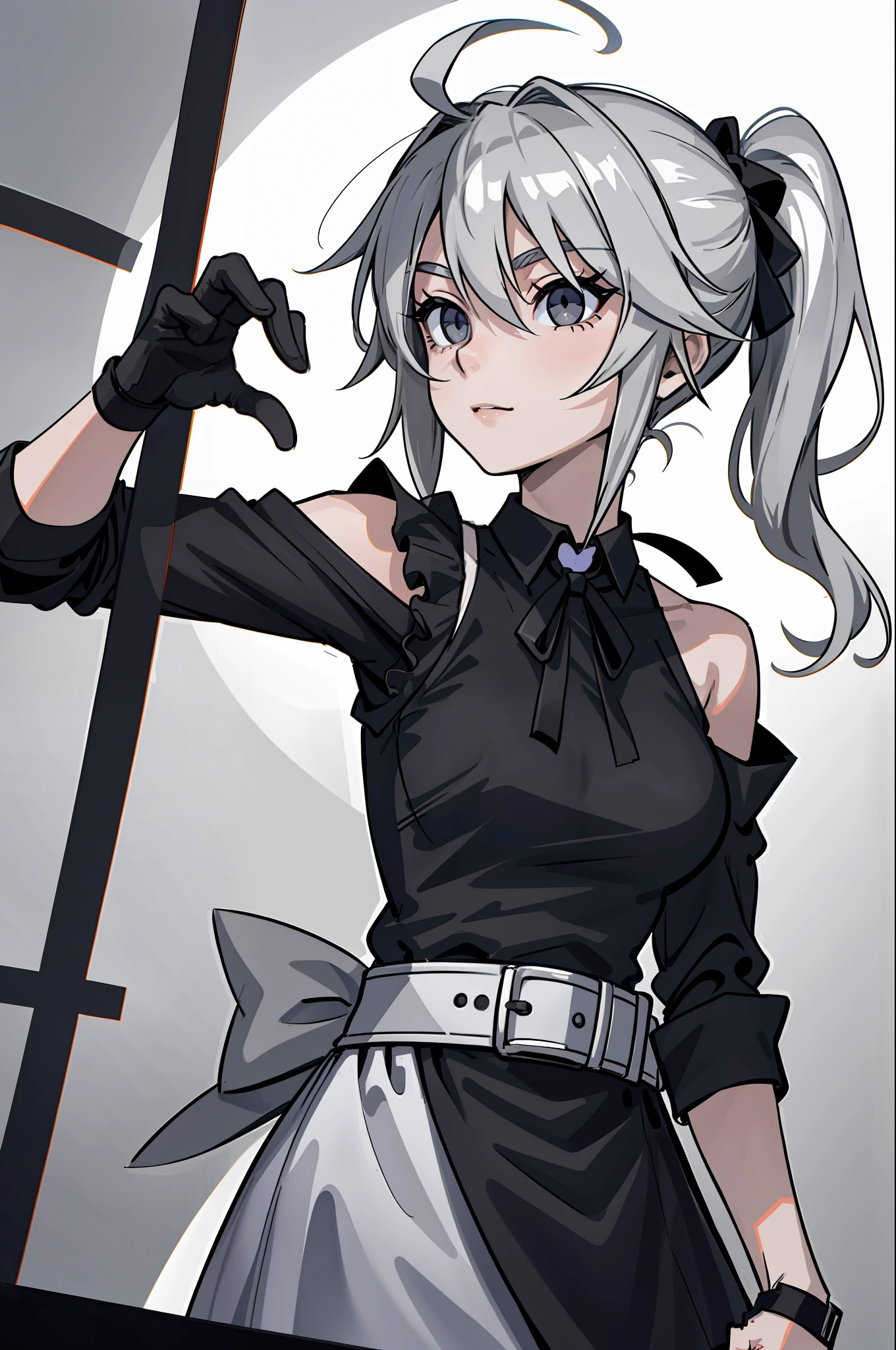 ((Masterpiece, Best Quality)), (1 Girl), (Solo), Shoulder Close-up, Oblique Side Angle, (Female Focus), (Ahoge, Gray Hair,), Black Eyes, (Heart Eyes). (black belt around neck), (grey shirt), white background, front 🖐️ of face, highlight