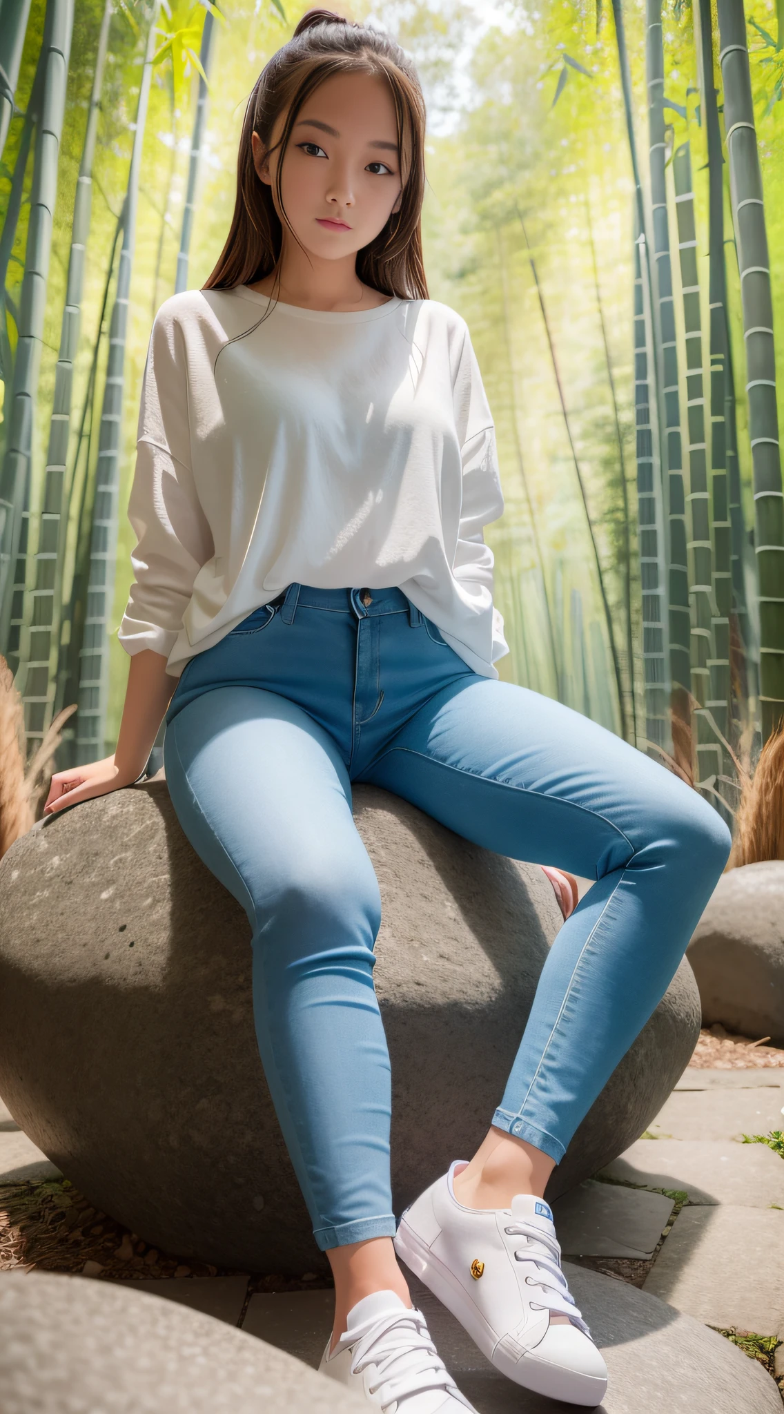A girl wearing a soaked plain white shirt, blue skinny jeans and blue sneakers sits on a large stone in the bamboo forest
