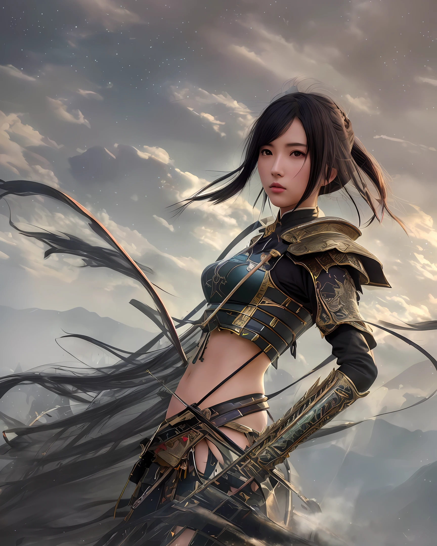 modelshoot style, (extremely detailed CG unity 8k wallpaper), full shot body photo of the most beautiful artwork in the world, , Atey Ghailan, Studio Ghibli, by Jeremy Mann, Greg Manchess,  trending on ArtStation, trending on CGSociety, Intricate, High Detail, Sharp focus, dramatic, zskuijia, (detailed Chinese armor), wing chun pose,