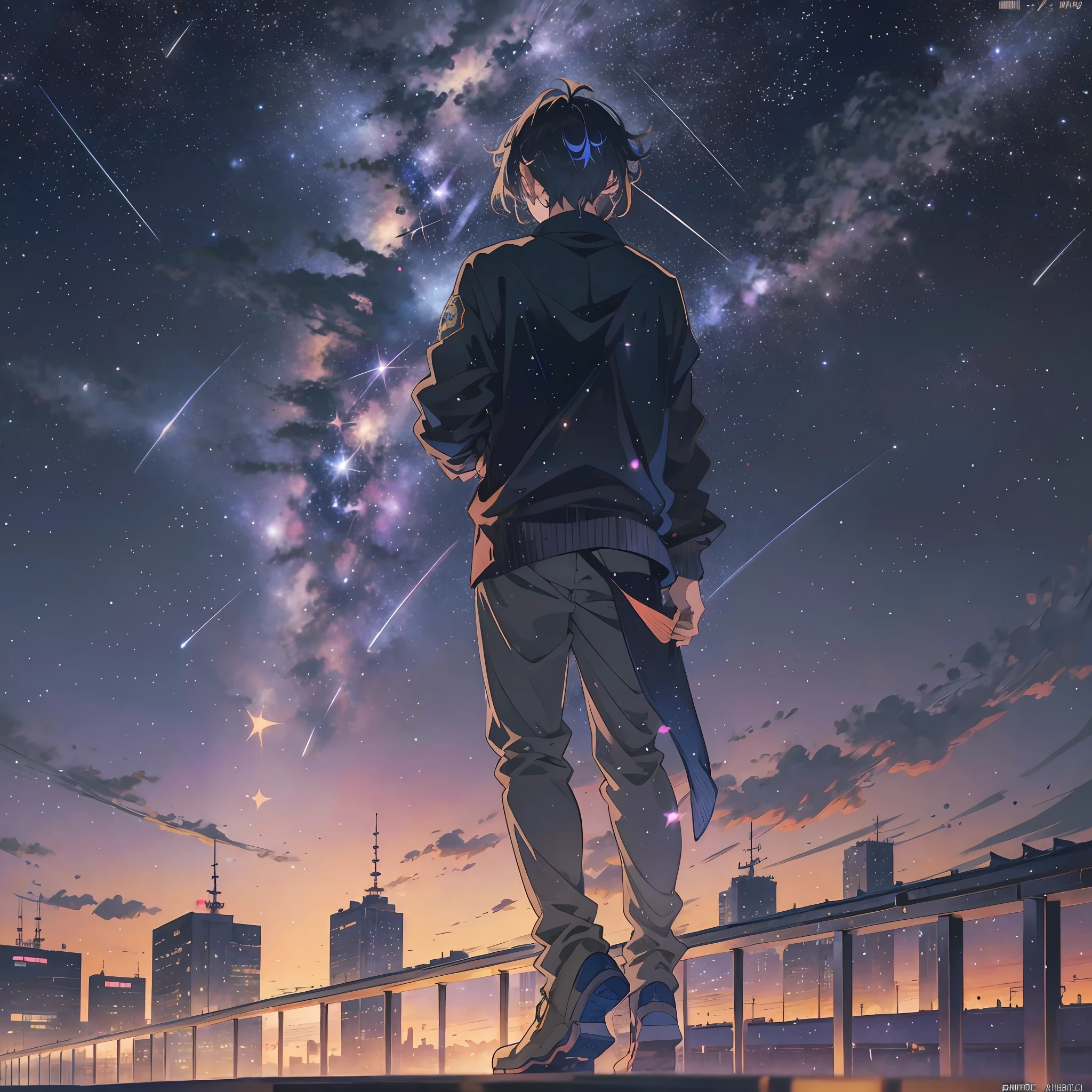 Anime boy standing on roof looking at night sky with stars, anime wallpaper 4k, anime wallpaper 4k, anime wallpaper, anime art wallpaper 8k, anime art wallpaper 4k, anime art wallpaper 4k, anime style 4k, chengxinhai makoto cyrill rolando, 4k manga wallpaper, anime wallpaper, amazing wallpaper, shooting star --auto --s2
