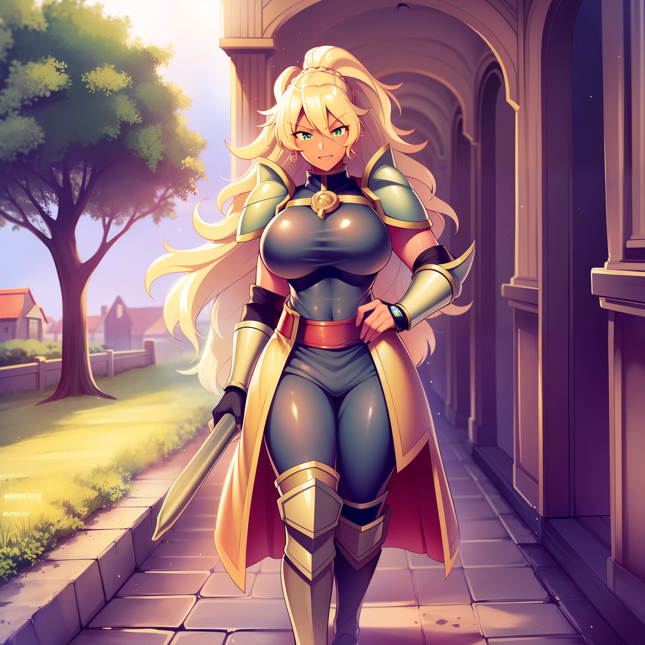 Muscle girl, dark-skinned woman, big breast, happy,, coat jacket, pants, portrait, 1character, full body, walking, long dress, medieval, village, farm,, forest,flipflops,blond hair,, , coat, buttler, victorian cloths,lance holding, warrior, green eyes,smile, light smile, open mouth