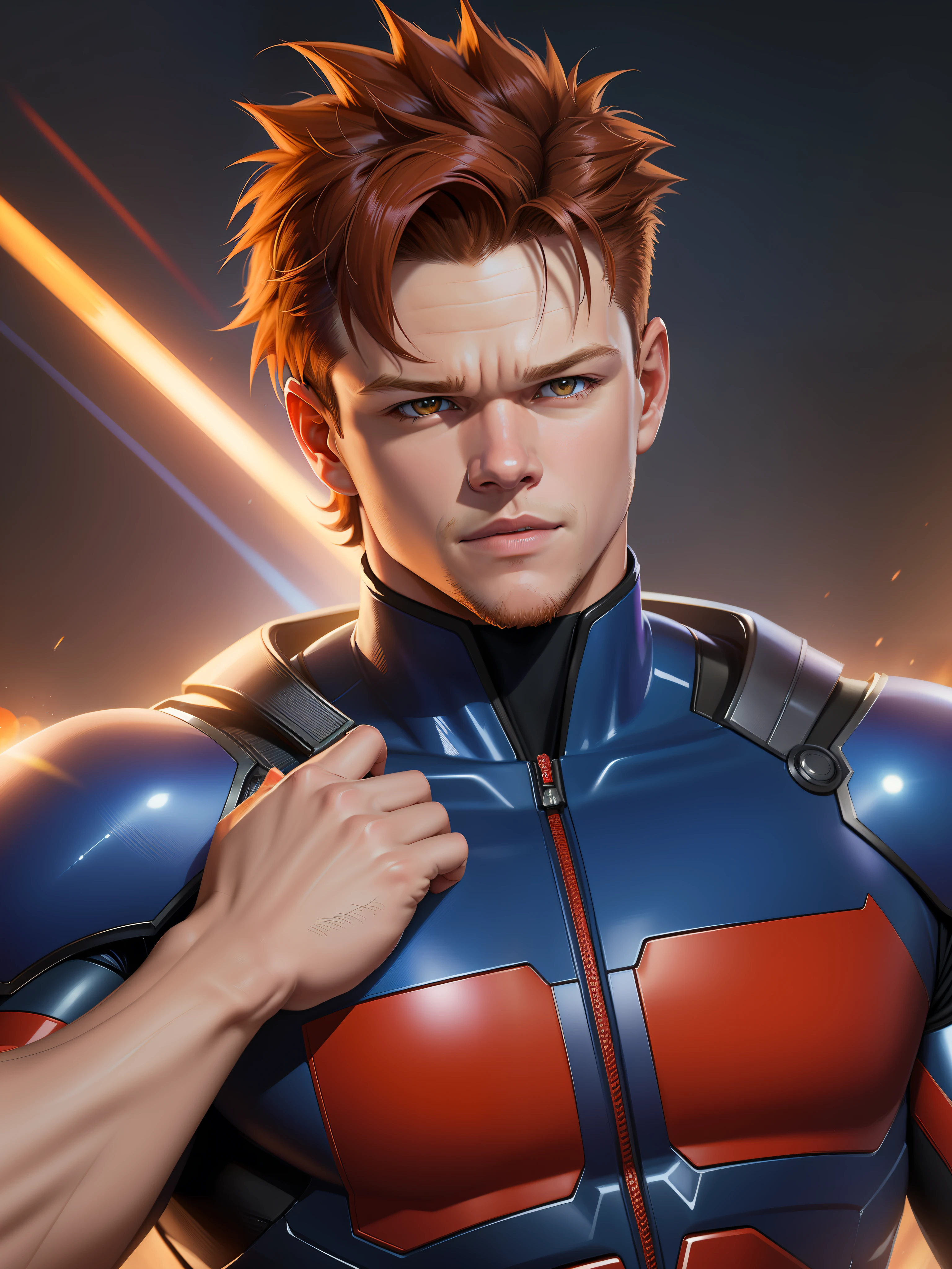 Matt Damon with the features of Goku Goku (Award-winning digital art: 1.3) from (Sketch: 1.3),(Energetic:1.3), TomHolland,CGSociety,ArtStation,(Saturated:1.3),(close portrait:1.3),(Male:1.4),(cute:1.4 ), (attractive: 1.3), handsome, calendar pose, perfectly detailed eyes, studio lighting, spider web themed background