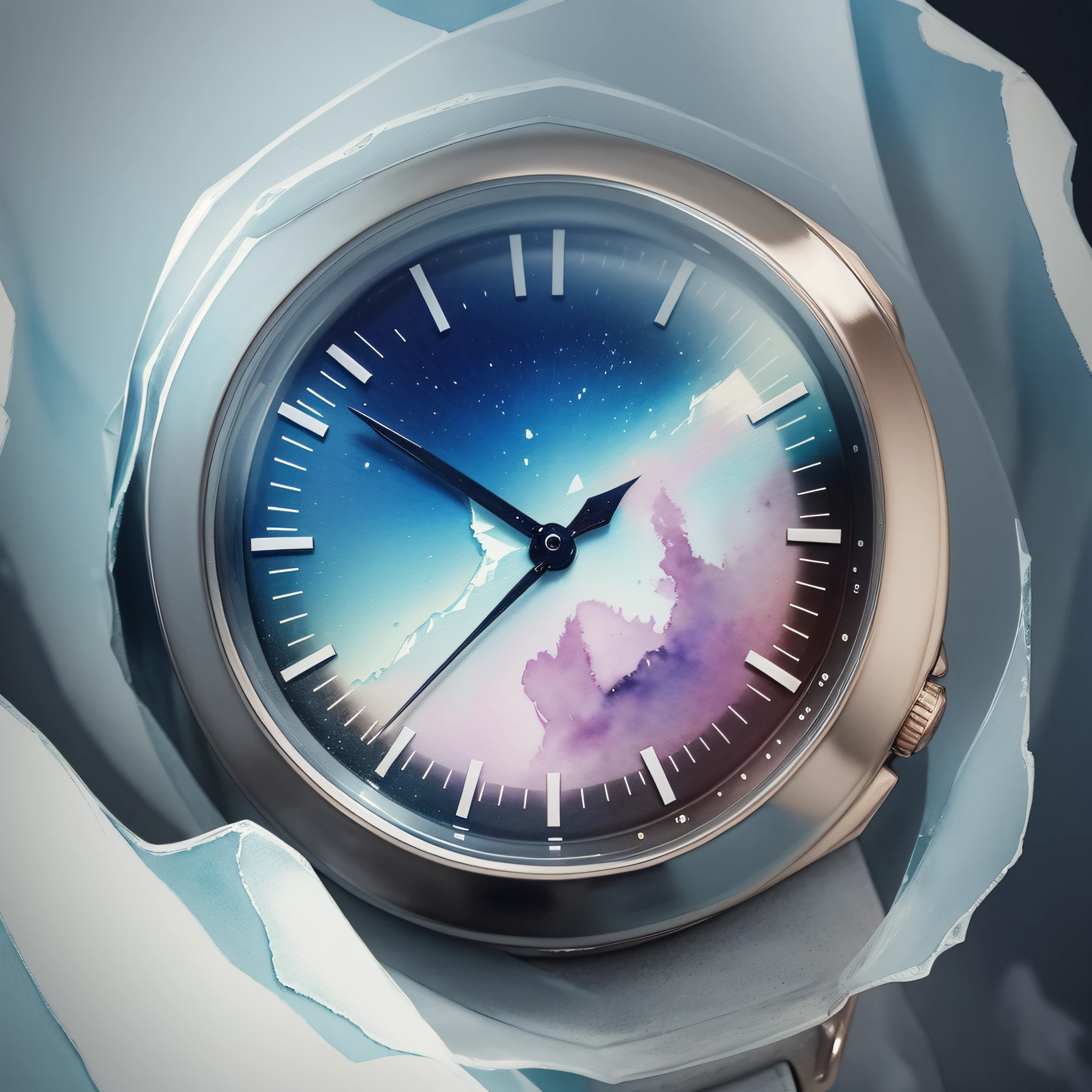 watercolor art, a wristwatch frozen inside a glacier, it is covered by ice; Beautiful watercolor art