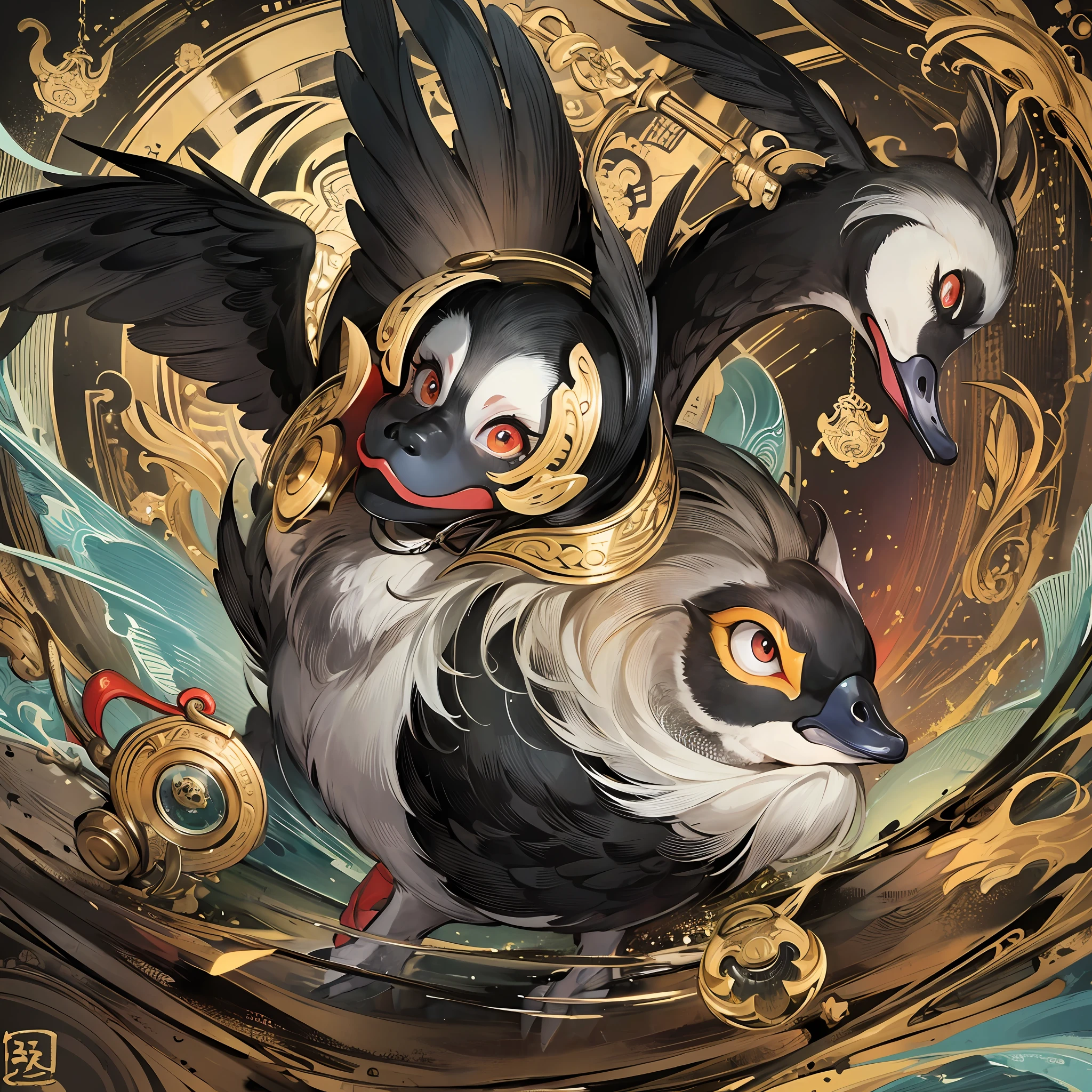 (Masterpiece, best quality: 1.2), ink painting, background with landscape artistic conception, a rat-headed duck-born monster in the middle, --auto --s2