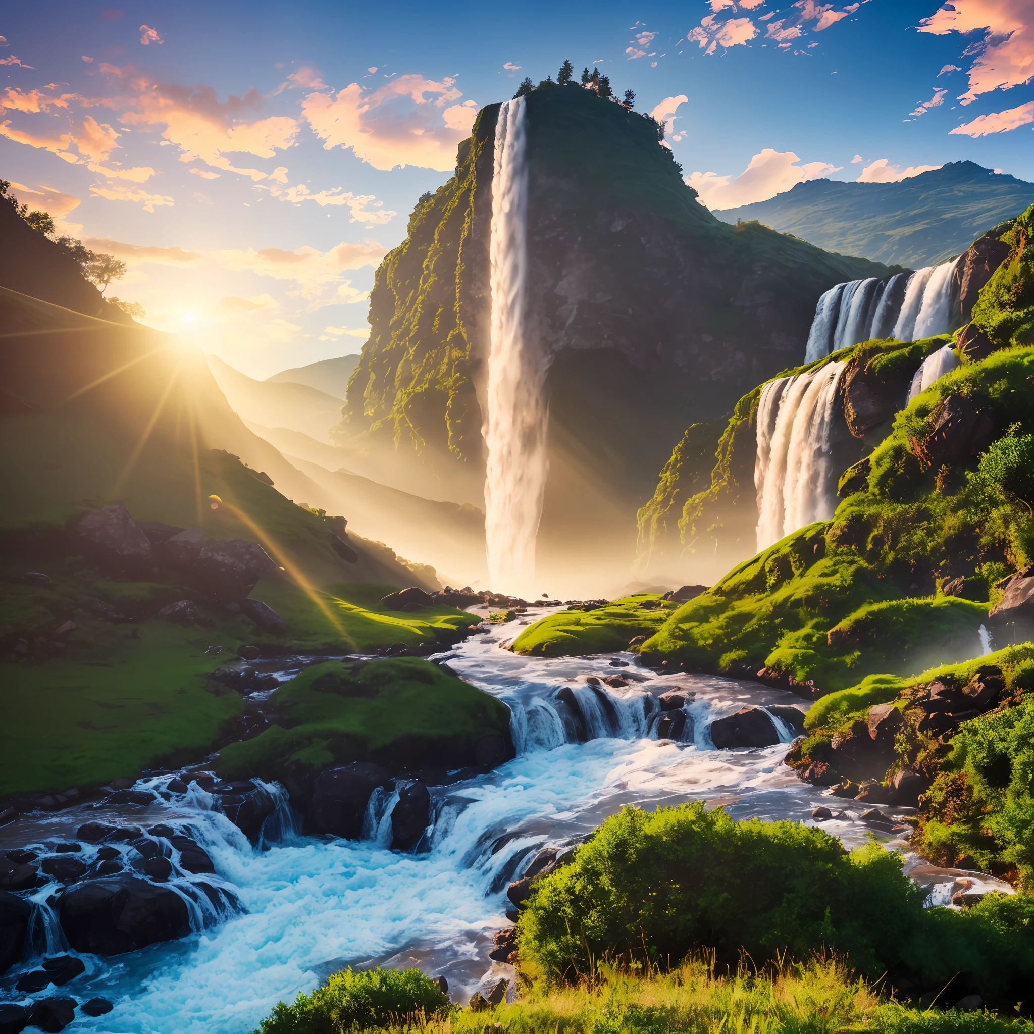 (8k, RAW photo, photorealistic:1.25) , on the mountain, see the waterfall, sunset, humanoid cloud, Verism, ray tracing, panorama, ultra wide angle, ultra hd, masterpiece, super detail, best quality