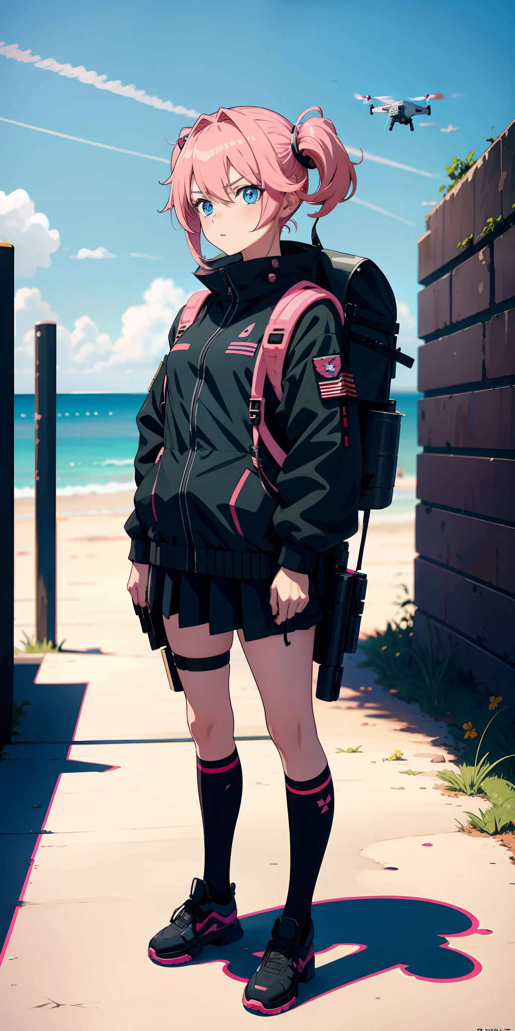 Anime girl with pink hair, military outfit, serious look, blue eyes, tactical backpack, drone, military base in background