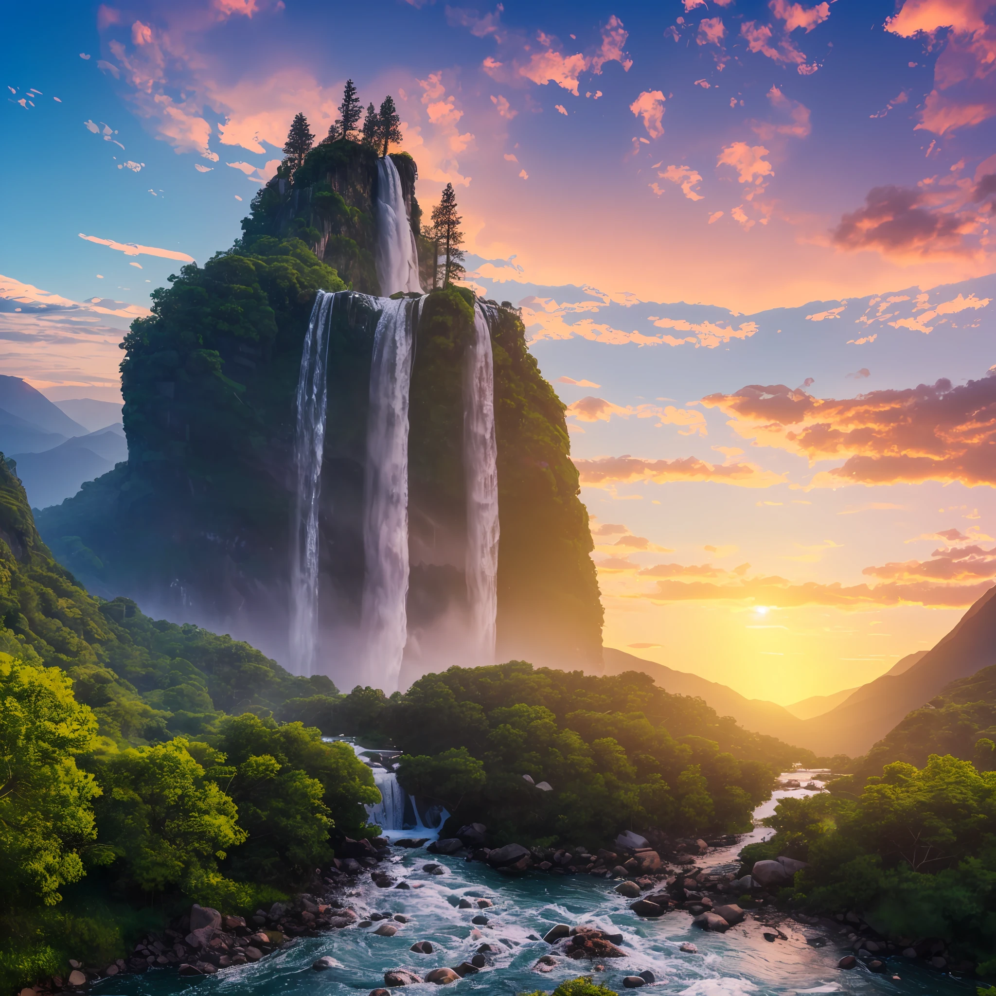 (8k, RAW photo, photorealistic:1.25) , on the mountain, see the waterfall, sunset, humanoid cloud, Verism, ray tracing, panorama, ultra wide angle, ultra hd, masterpiece, super detail, best quality