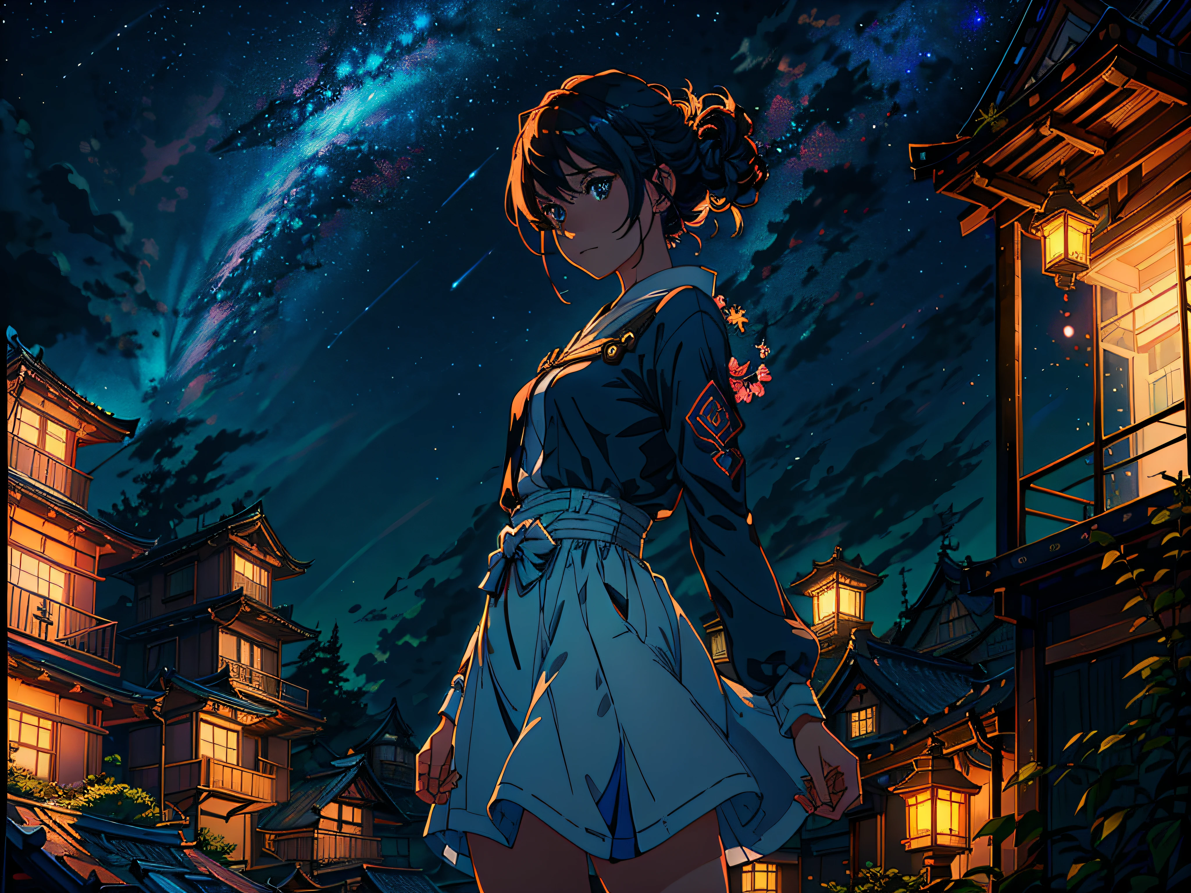 Realistic, real life, beautiful Cute Girl standing on a roof looking in the sky, detailed city below with lantern, extremely detailed by greg rutkowski makoto shinkai kyoto animation key art feminine mid shot, style of laurie greasley, studio ghibli, akira toriyama, james gilleard, genshin impact, trending pixiv fanbox, acrylic palette knife, 4k, vibrant colors, devinart, trending on artstation,octane render, bioluminescent,8K resolution concept art, realism,by Mappa studios,masterpiece,best quality,official art,illustration,ligne claire,(cool_color),perfect composition,absurdres, fantasy,focused,night, starry night, crescent moon, shooting stars,stars