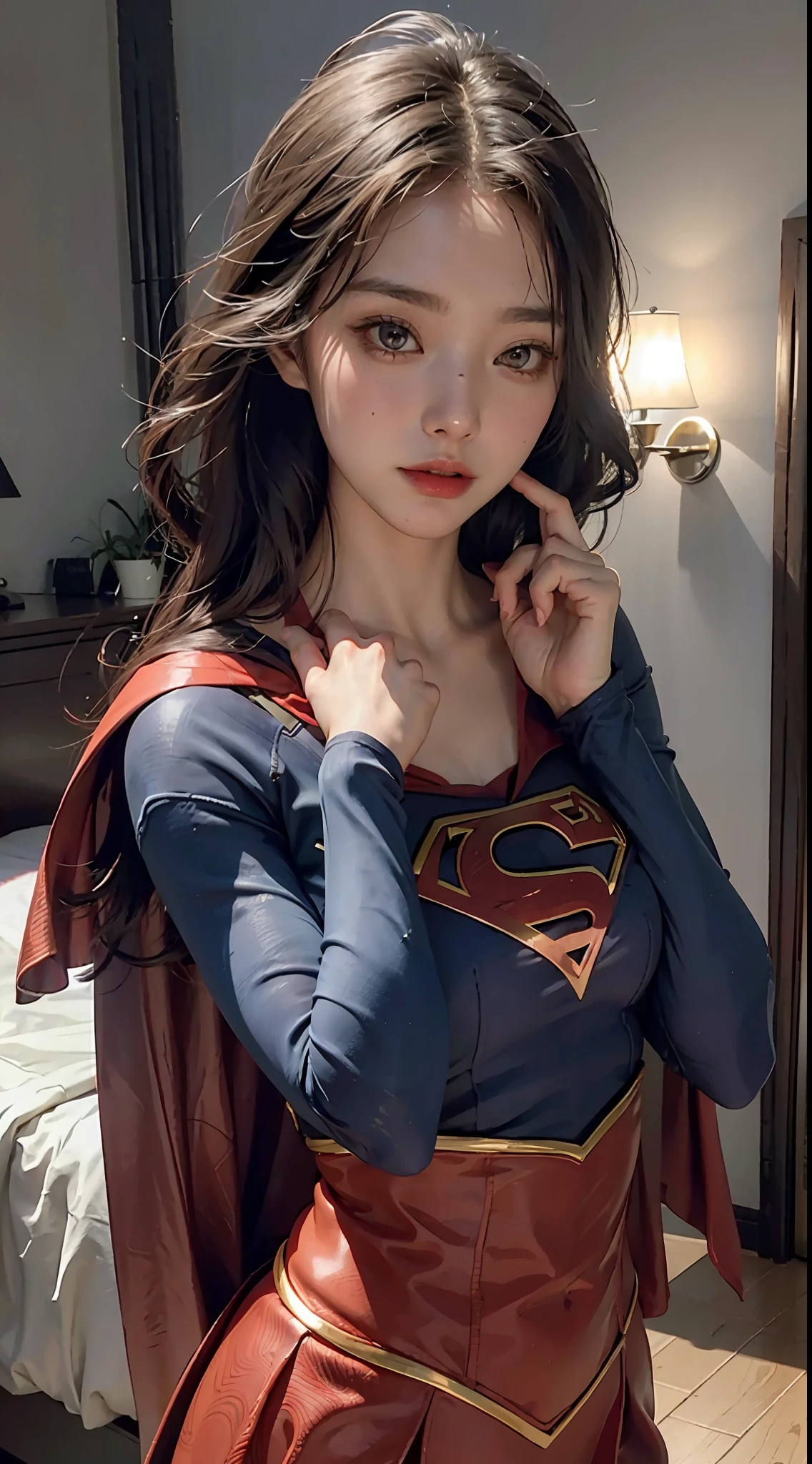 Beautiful woman dressed as sexy supergirl, live-action, very delicate face and skin texture