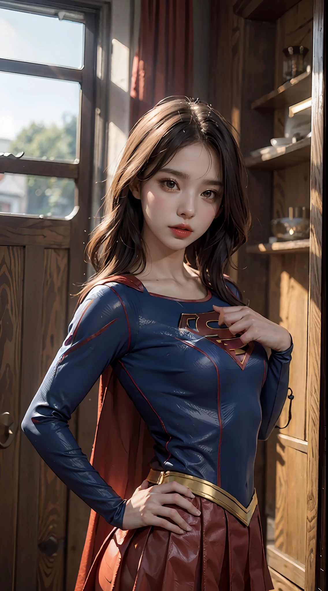 Beautiful woman dressed as sexy supergirl, live-action, very delicate face and skin texture