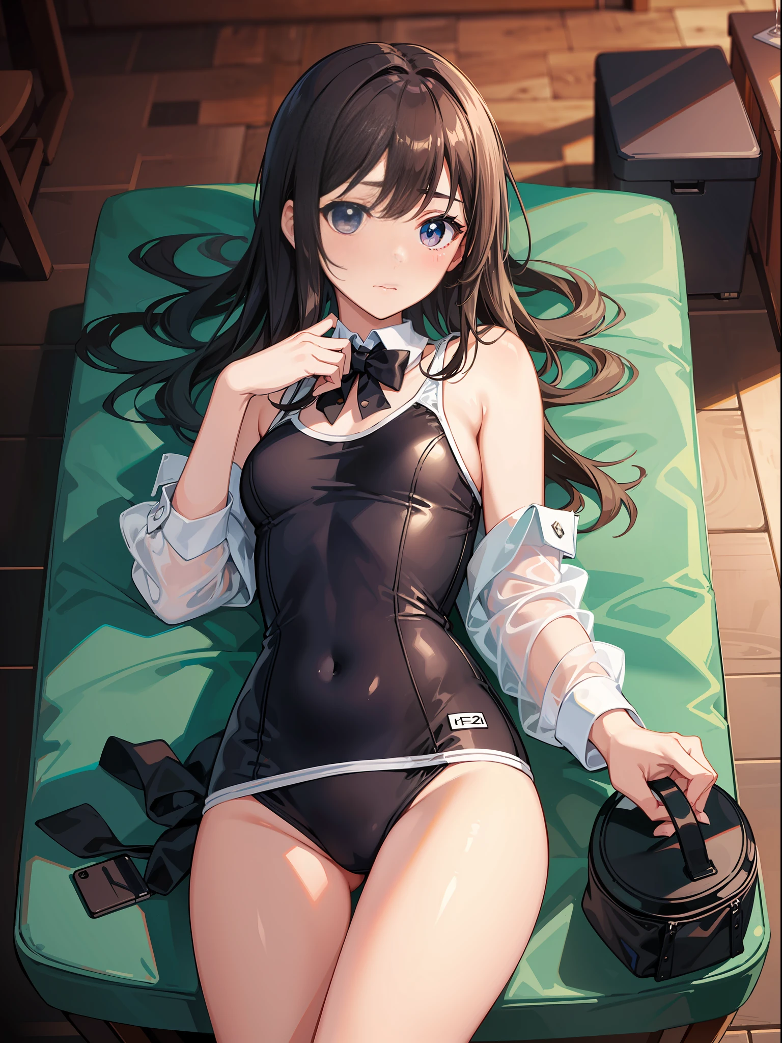 High resolution, top quality, slender beautiful girl, school swimsuit, no blush, lying composition, club room, bite