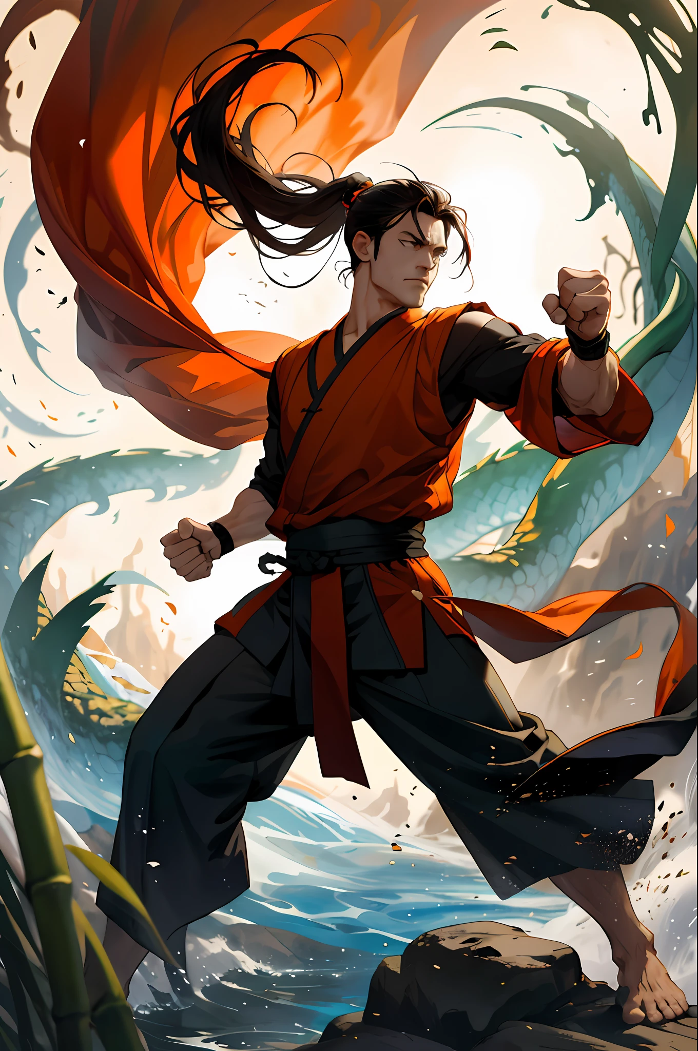 (Absurd, intricate details, masterpiece, best quality, high resolution, 8k), 1 male, mature, handsome, tall muscular man, broad shoulders, ponytail hair, dark brown eyes, fine eyes and detailed face, behind him is a huge water element, (style swirl magic: 0.7), (full body: 0.6), (Chinese fantasy theme: 1.1), hair fluttering in the wind, martial artist, dynamic pose, combat stance, clenched fists, fingerless gloves, wristbands, dragon-themed costumes, monk robes, Bamboo forest in background, rotating floating particles, dynamic composition, mysterious oriental medieval atmosphere, depth of field, visual effects.