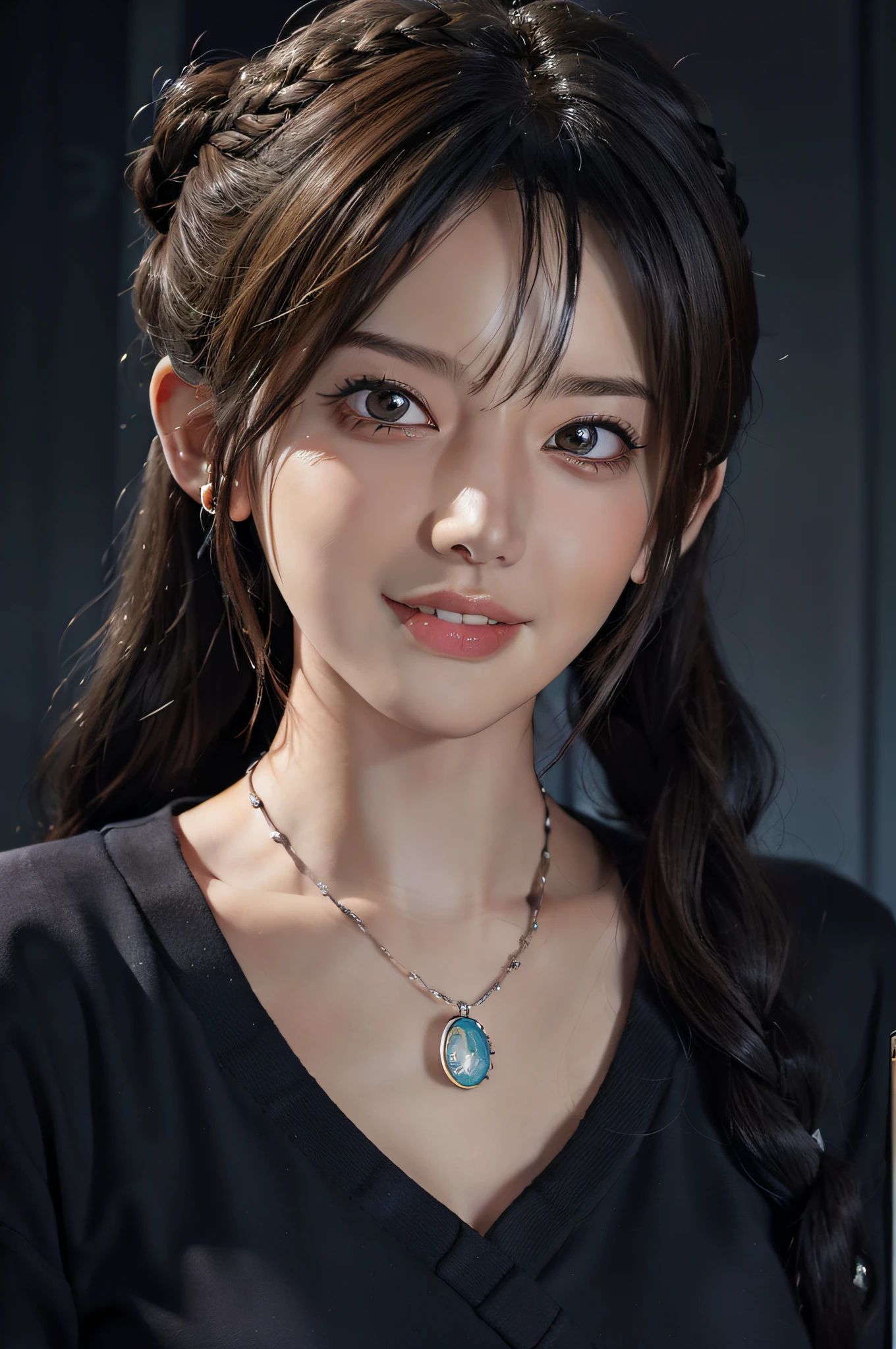 1 girl, photorealistic, naughty face, gray hair, rolling_eyes, ahegao, open mouth, evil smile, wind, twin_braids, earrings, jewelry, animal, ((face close-up)), female portrait, fantasy art, photorealistic, dynamic lighting, art station, poster, volume lighting, Highly detailed face, 4K, award-winning, in the dark, deep shadows, low key, cowboy shot, long hair, face close-up, sexy