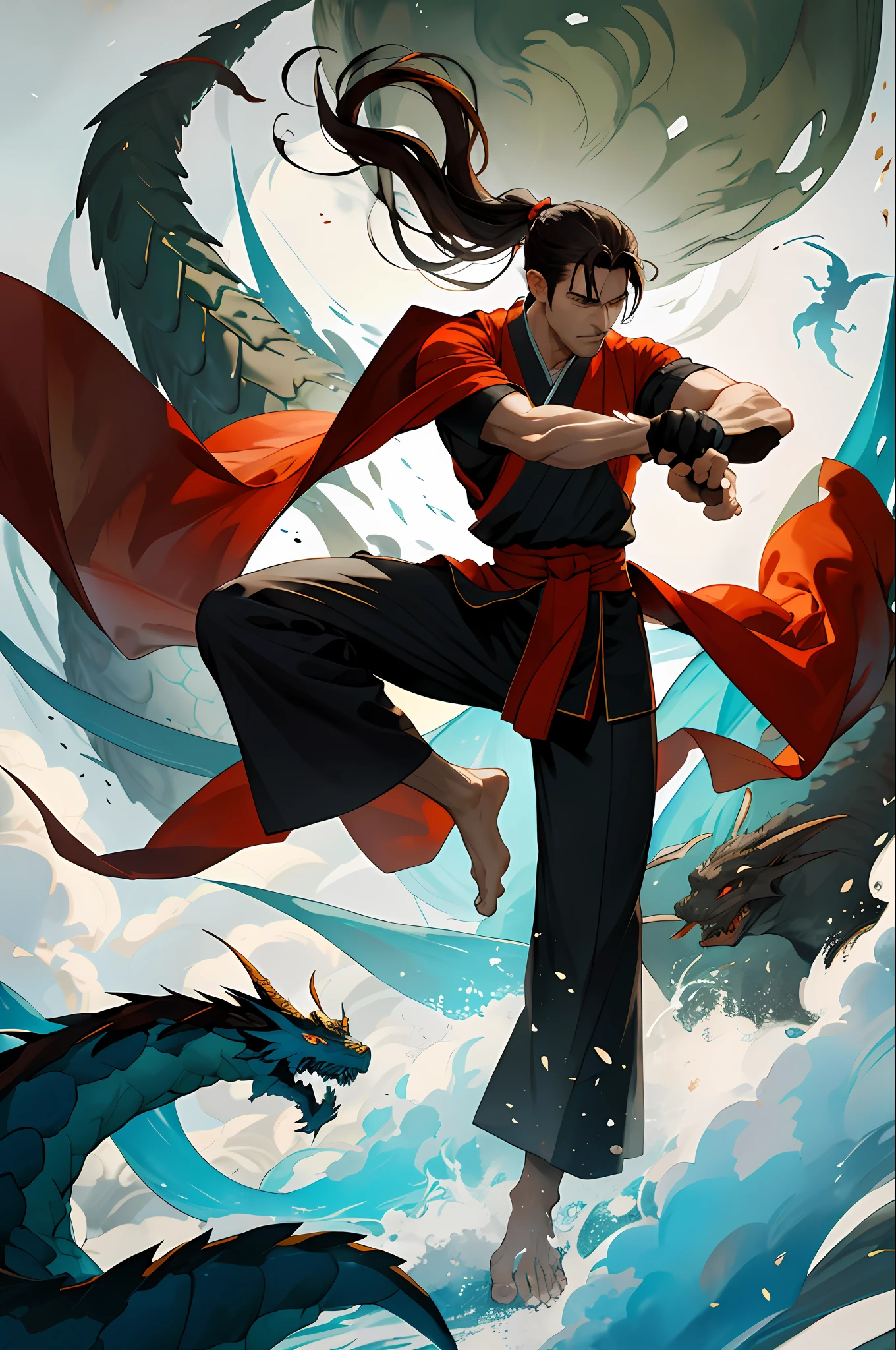 (Absurd, intricate details, masterpiece, best quality, high resolution, 8k), 1 male, mature, handsome, tall muscular man, broad shoulders, ponytail hair, dark brown eyes, fine eyes and detailed face, behind him is a huge water element, (style swirl magic: 0.7), (full body: 0.6), (Chinese fantasy theme: 1.1), hair fluttering in the wind, martial artist, dynamic pose, combat stance, clenched fists, fingerless gloves, wristbands, dragon-themed costumes, monk robes, Bamboo forest in background, rotating floating particles, dynamic composition, mysterious oriental medieval atmosphere, depth of field, visual effects.