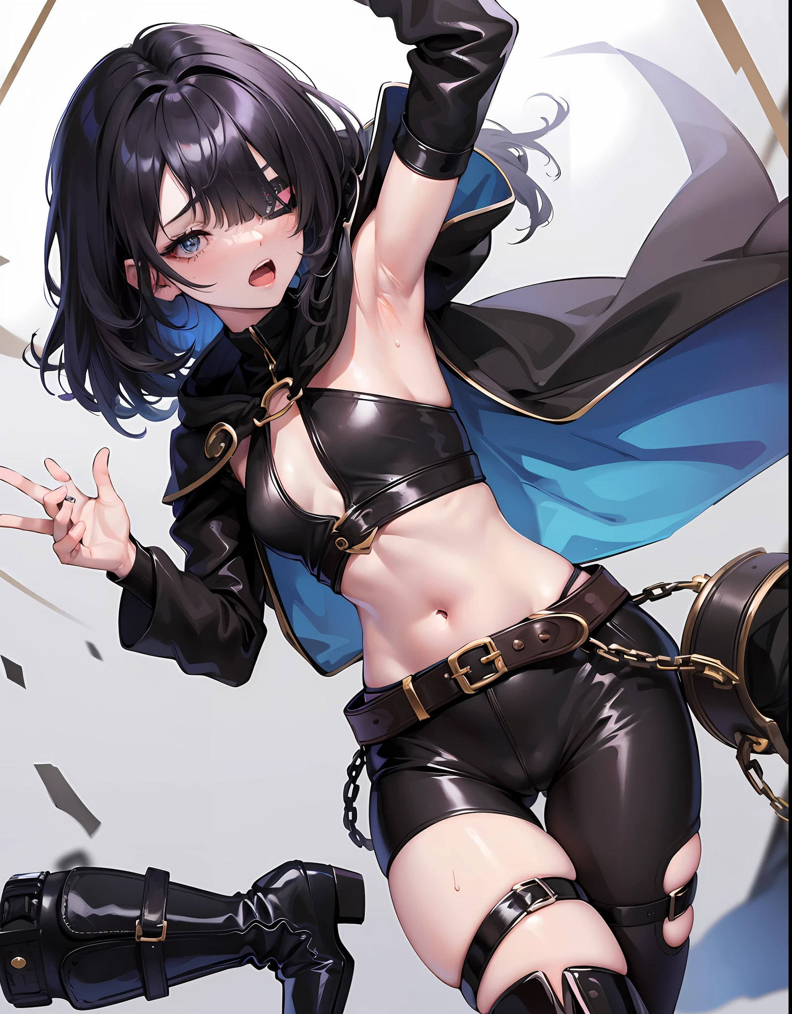 Fantasy,1 girl,, ((loli))+, child,belue_eye, blush, big_, cloak, hood, black_medium_hair, ((((long_bangs,hair_over_one_eye))))++, black_see-through_bodysuit, harness, navel,open_mouth, public, in_fantasy_city_background,sweat, armpits, thighs, boots, groin, sweat,_juice, dynamic_pose_jumping, dynamic_angle, tiny_groin, happy,sleepy,confused, (thin_ass, thin_thighs),