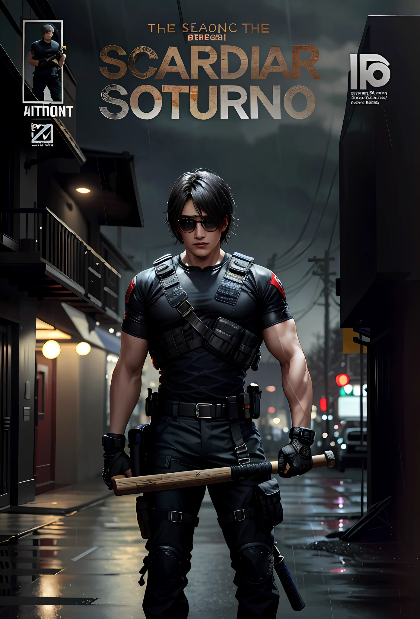 Image of a man in a black outfit holding a baseball bat, inspired by Rudy Siswanto, trend in artstation hd, octane. Trend in Artstation, as trend in Artstation, trend in Artstation 4K, trend in Artstation, katsuhuro otomo highly detailed, trend in Artstation barracks, trend in Artstation, Marvel Comics comics style, full body on top of a bus --auto --s2