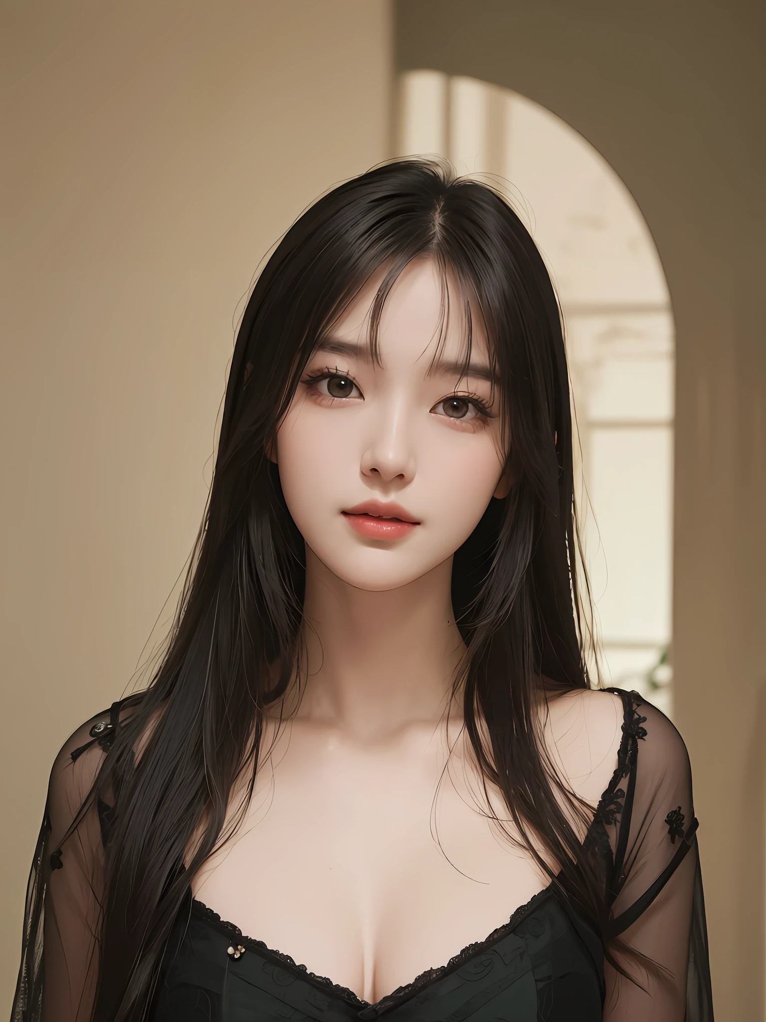 Masterpiece, best picture quality, high quality, beautiful woman, Japanese, popular Korean makeup, detailed, swollen eyes, detailed eyes, detailed skin, beautiful skin, ultra high resolution, (reality: 1.4),very beautiful, slightly younger face, beautiful skin, slender, (ultra realistic), (illustration), (high resolution), (8K), (very detailed) (best illustration), (beautifully detailed eyes), (super detailed), (wallpaper), (detailed face), looking at viewer, fine details, detailed face, pureerosfaceace_v1, smiling, looking straight ahead, looking straight ahead, angle from waist up, realistic photo, bright lighting, professional lighting, black hair (some of hair part green), long hair, dark ruins, big red moon, gorgeous red and black dress, mature woman, long stylish bangs,キスショット・アセロラオリオン・ハートアンダーブレード