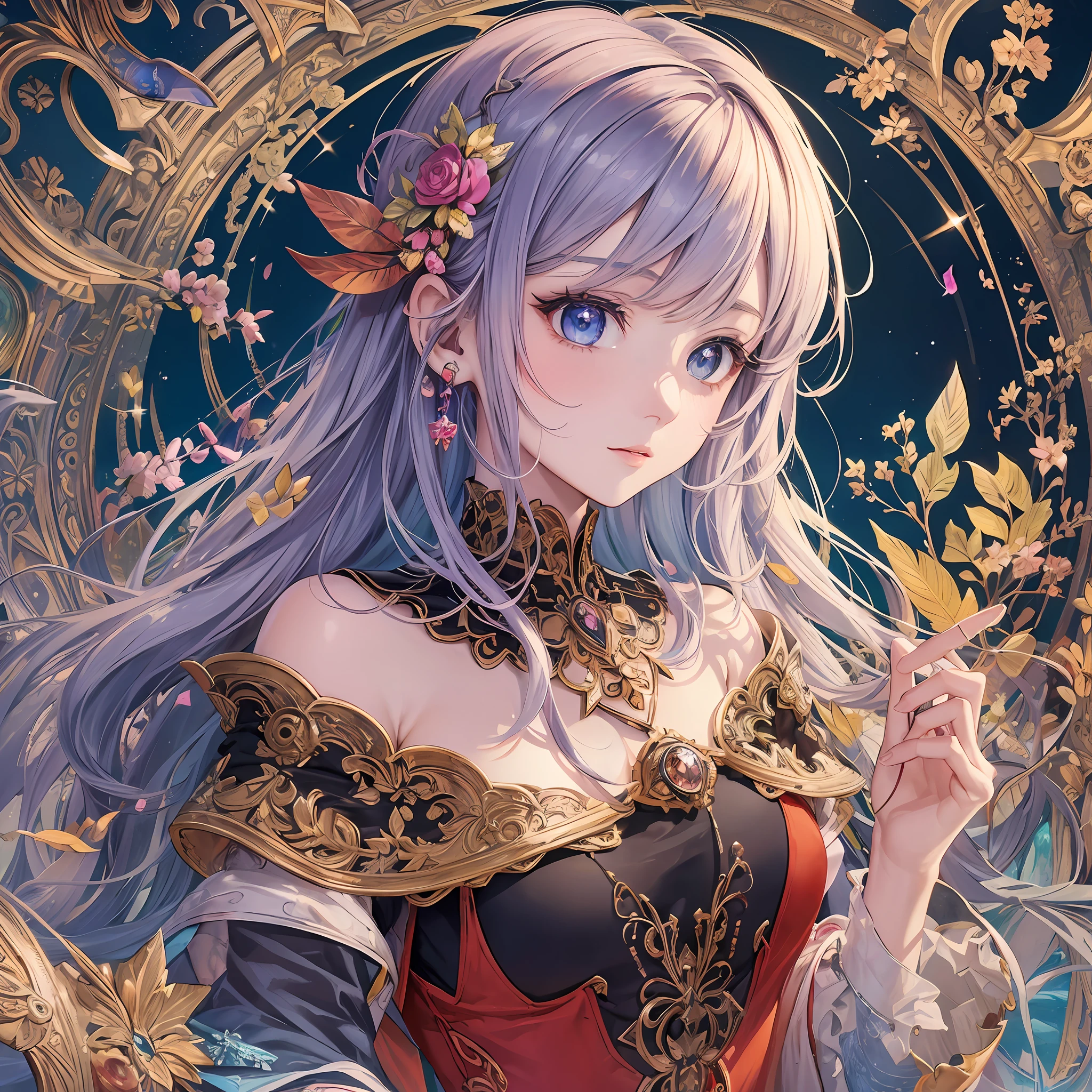 (Masterpiece), ((Best Quality)),(Official Art),Beautiful Indulgence:1.3),(Dress),(1 Girl: 1.3), Only the upper body, a beautiful witch wearing a bright red dress with a detailed and delicate design, sealed in the crystal, and Taiju who grows by taking in the sealed crystal. It shines faintly in the light of the midnight moon. Detailed drawing. Bright colors. Colorful, best detailed ((super detailed)), (highly detailed 2D illustration), ((very delicate and beautiful)) --auto --s2