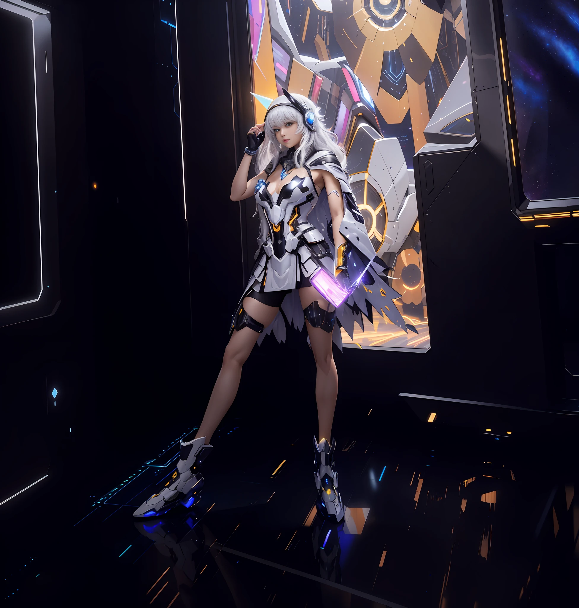 Masterpiece, Best Quality, 4K, Mecha, Crystal Helmet, Glow, Futuristic, Starry Sky, Sky, Stars \ (Sky \), Cloak, Headband, Long Legs, Long Hair, White Hair, Cyberpunk, Depth of Field, Blurred Background,