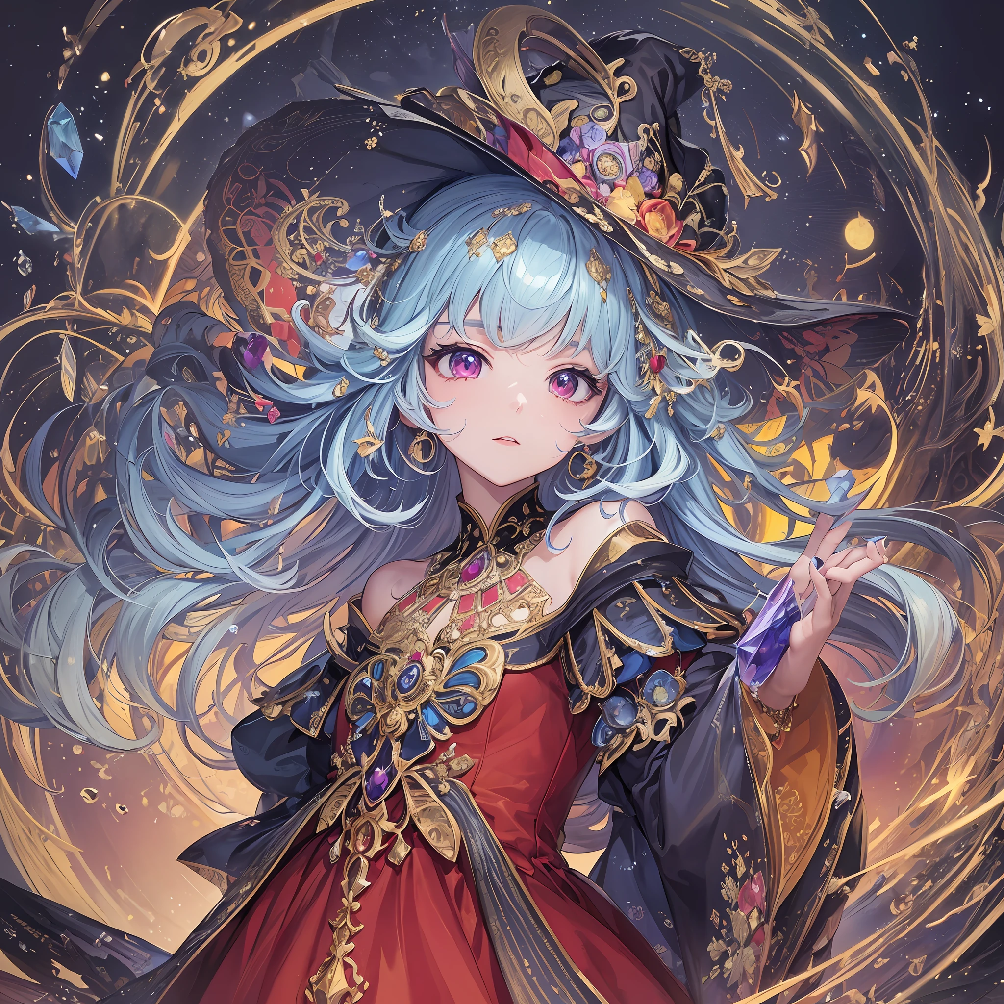 (Masterpiece), ((Best Quality)),(Official Art),Beautiful Indulgence:1.3),(Dress),(1 Girl: 1.3), Only the upper body, a beautiful witch wearing a bright red dress with a detailed and delicate design, sealed in the crystal, and Taiju who grows by taking in the sealed crystal. It shines faintly in the light of the midnight moon. Detailed drawing. Bright colors. Colorful, best detailed ((super detailed)), (highly detailed 2D illustration), ((very delicate and beautiful)) --auto --s2