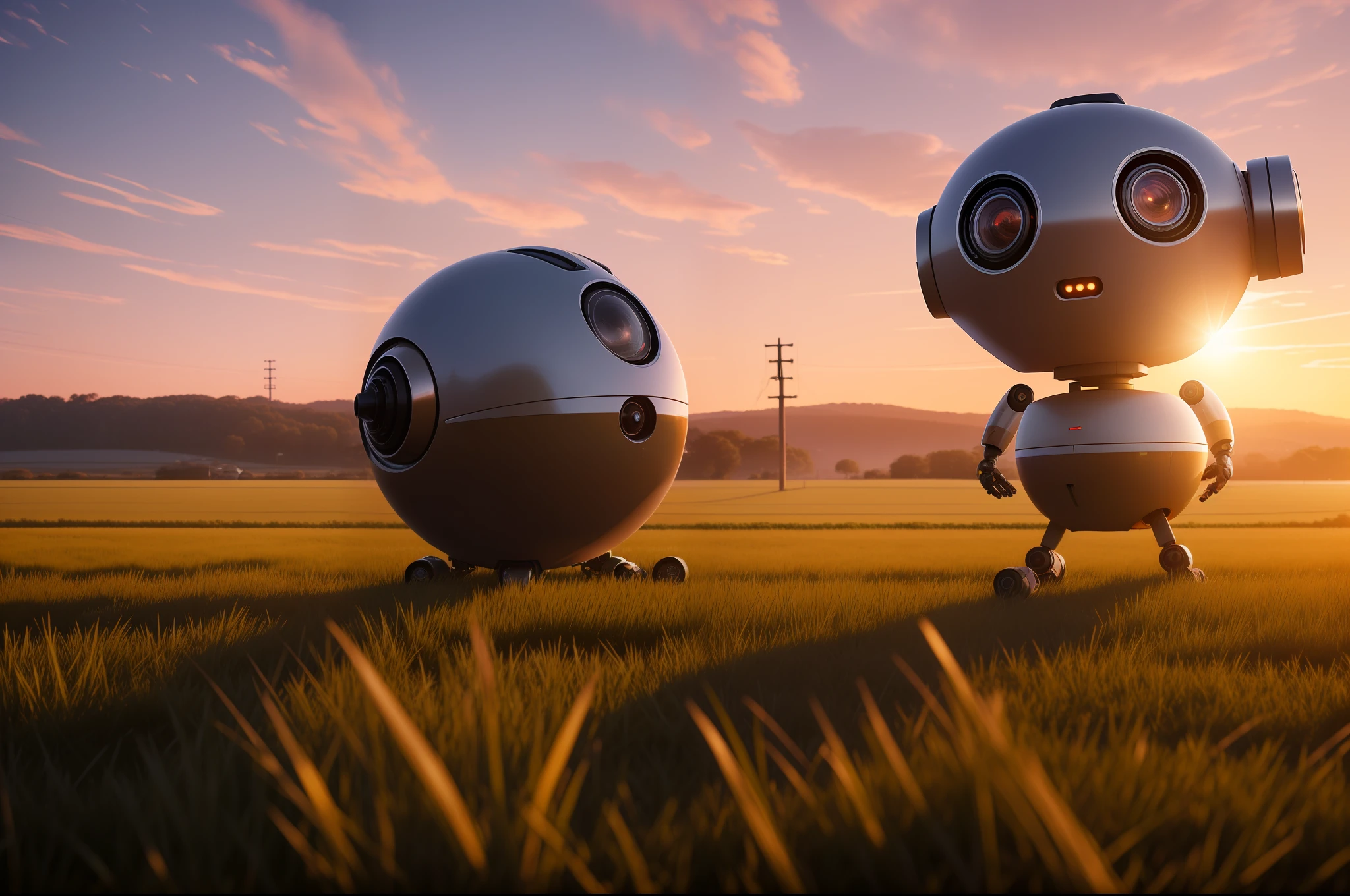 Single eyed round robot on six legs in the rural landscape, hd, 4k, ray tracing, octane render, backlight, accent lighting, sunset, DSLR, metallic, defocus, Simon Stalenhag