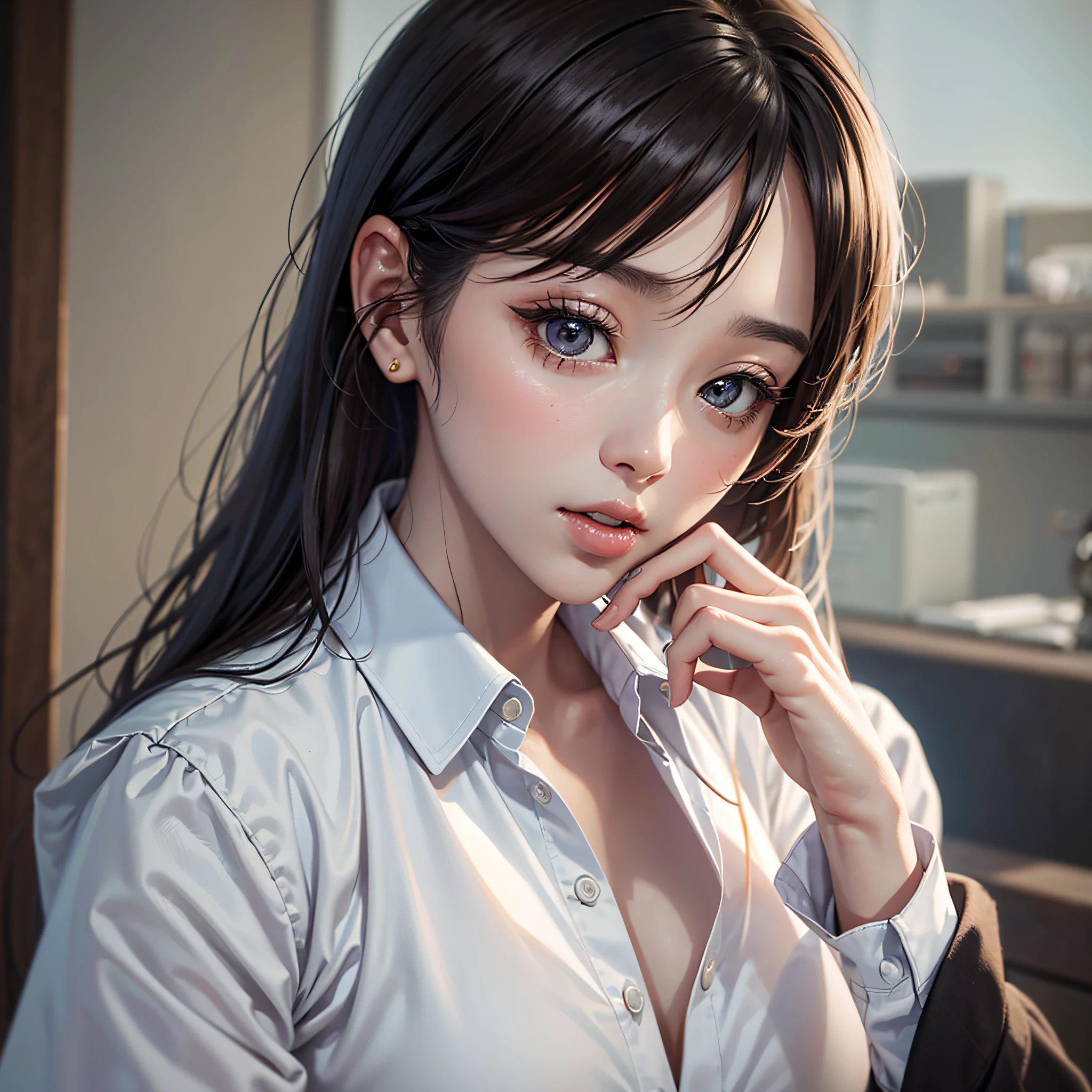 Close up portrait of woman in skirt and shirt, Japan model, Korean female fashion model, wearing white shirt, wearing blouse, mid-shot portrait in white shirt, Yoshitomo Nara, cute young woman, Dillabadilumrat, beautiful asian girl, gorgeous young Korean woman, close-up portrait shot, emphasizing breasts, constricted hips, biting fingers --auto --s2