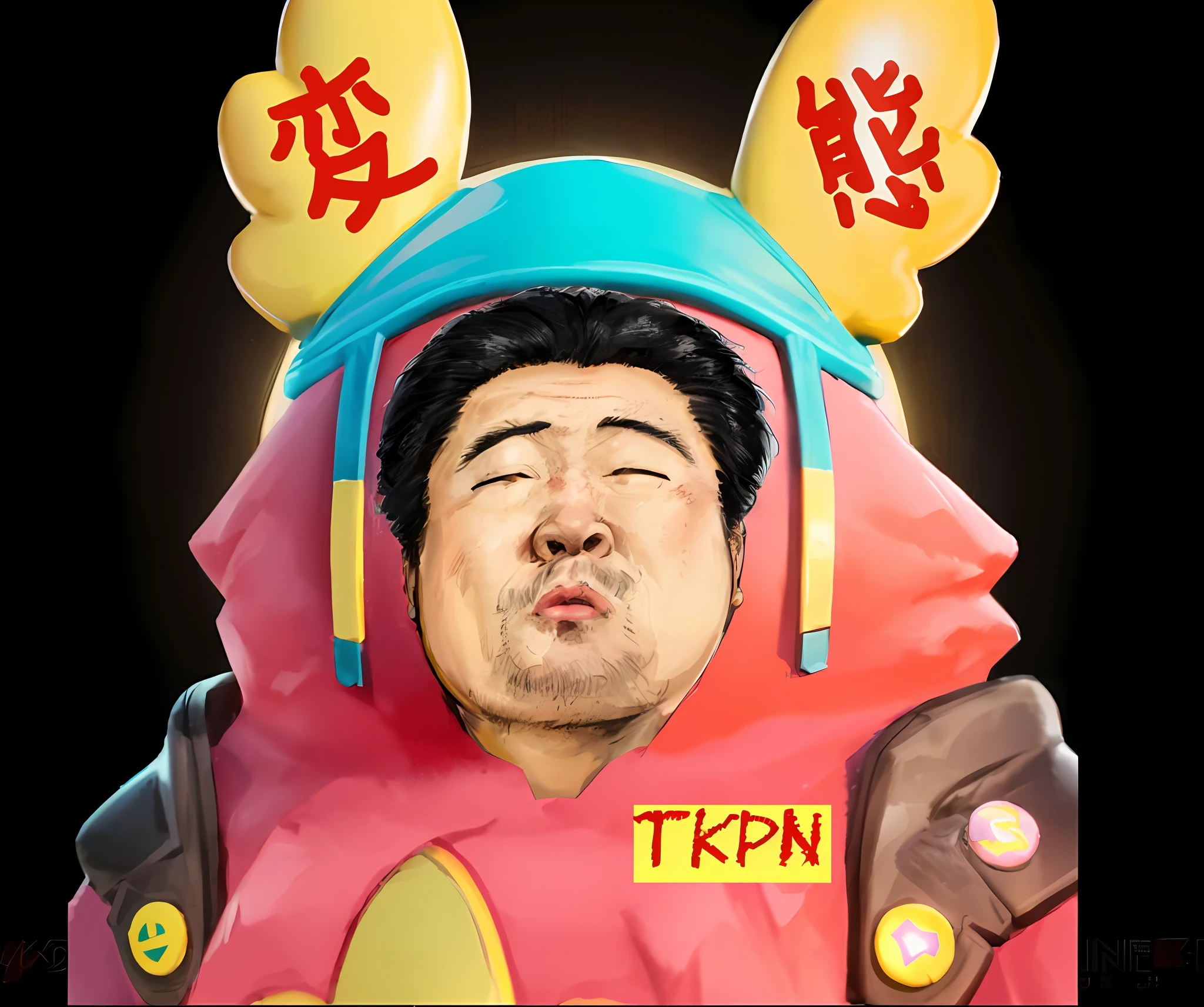 Alafed man with fake head in fake helmet, Thertrevkaiser, iron konkinklet, vaporwave in tokusatsu suit, iron konkinreed, yokoo Tadanori, kentaro, Kim Jong-un, Kim Jong-un, Kim Jong-un - UN, profile picture 1024px, evil color background