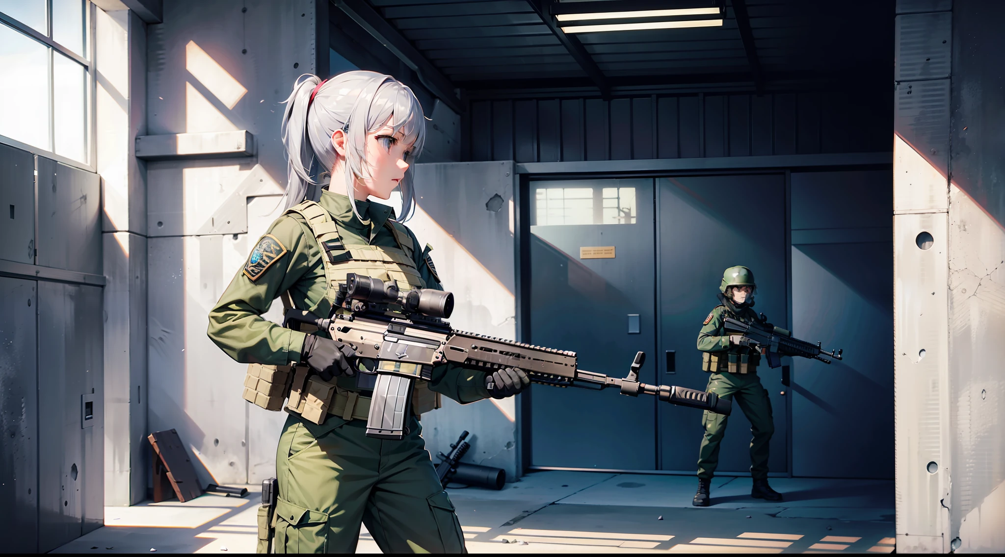 PMC, CQB, CQC, assault rifle, battle girl, warehouse, silver clothes, firing