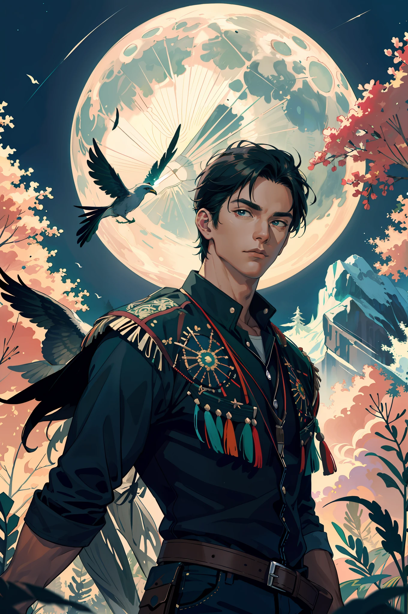 (absurd, highres, ultra detailed), 1 male, native, indigenous, lakota, adult, handsome, high muscular face, broad shoulders, finely detailed eyes and detailed face, fantasy, night, dark theme, lighting, colorful, portrait, flowery meadow, overcast sky, construction, moon, light, pine trees, pines, greens, green trees