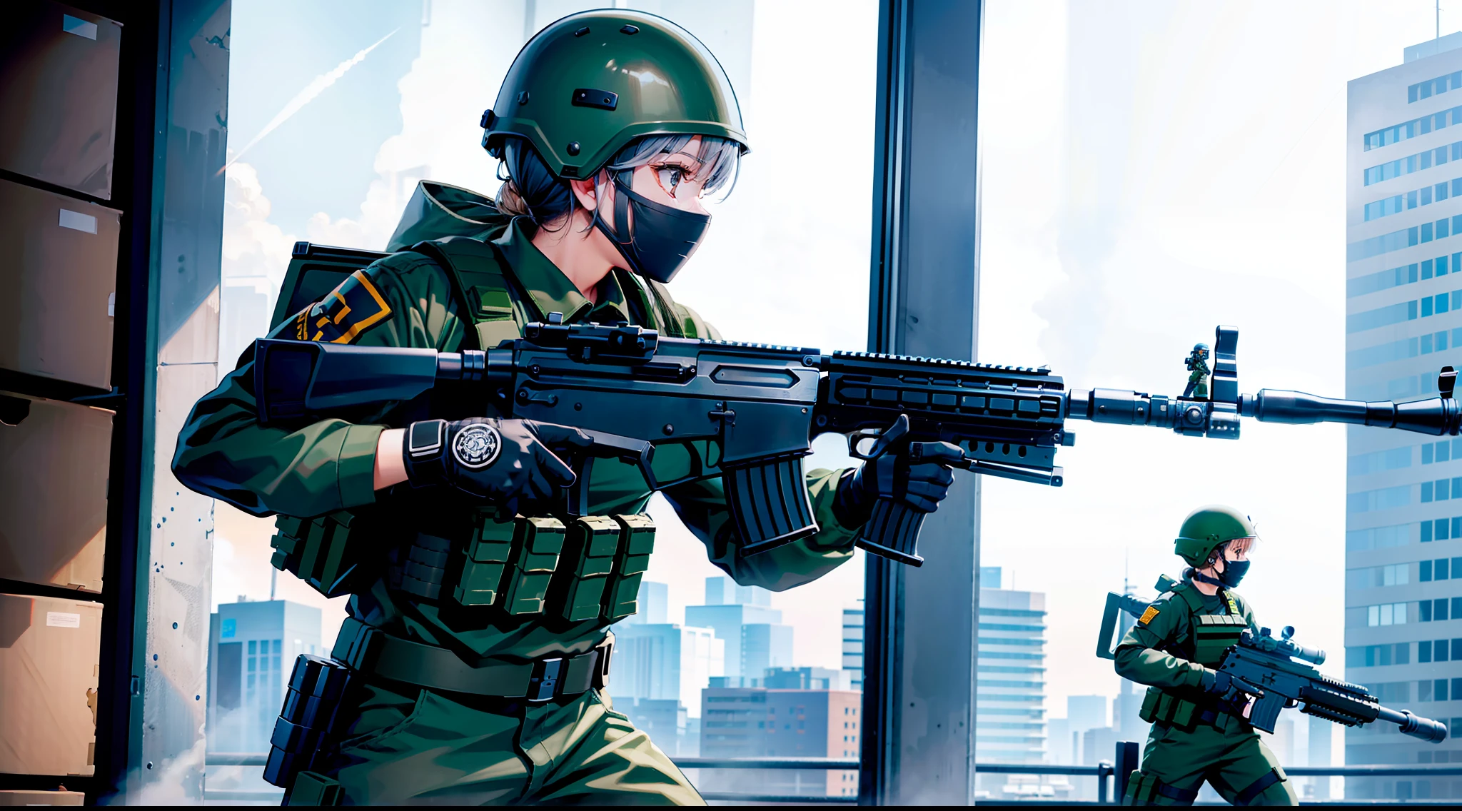 PMC, CQB, CQC, assault rifle, battle girl, warehouse, silver clothes, firing