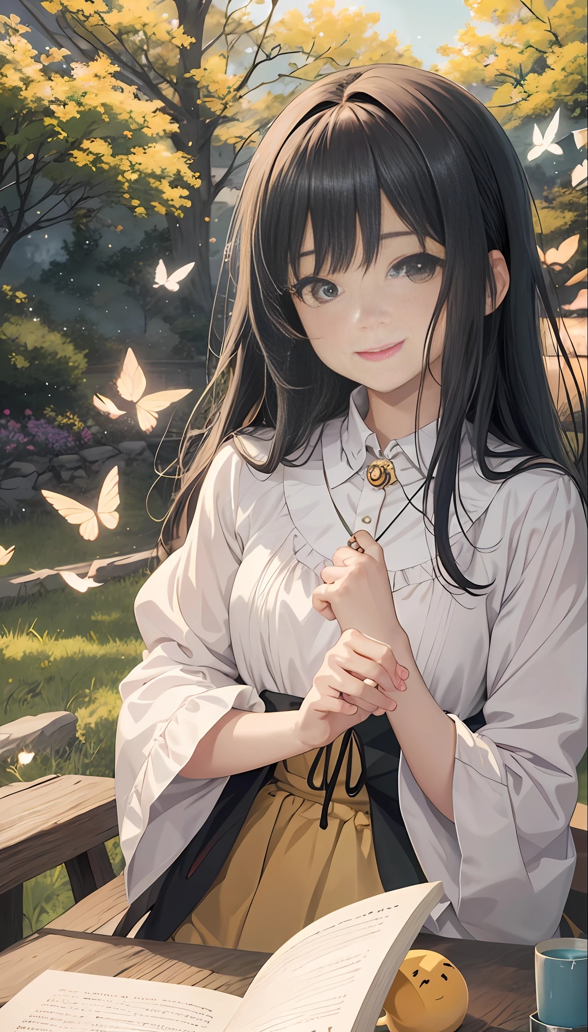 Anime girl reading on a table with lights, enjoying her time in an empty field, surrounded by the beauty of nature, warm sunlight sprinkling on her, wildflowers gently swaying in the breeze. Butterflies and birds flying around her add to the playful atmosphere, anime visuals of cute girls, portraits of cute anime girls, cute detailed digital art, anime style portraits, beautiful anime portraits, digital anime illustrations, cute anime girls, detailed portraits of anime girls, anime style illustrations, kawaii realistic portraits, cute anime girl portraits, detailed fan art, young anime girls, detailed digital anime art, black hair, hair bow, smile, gaze level shooting, Ghibli-like colors, first-person perspective, UHD