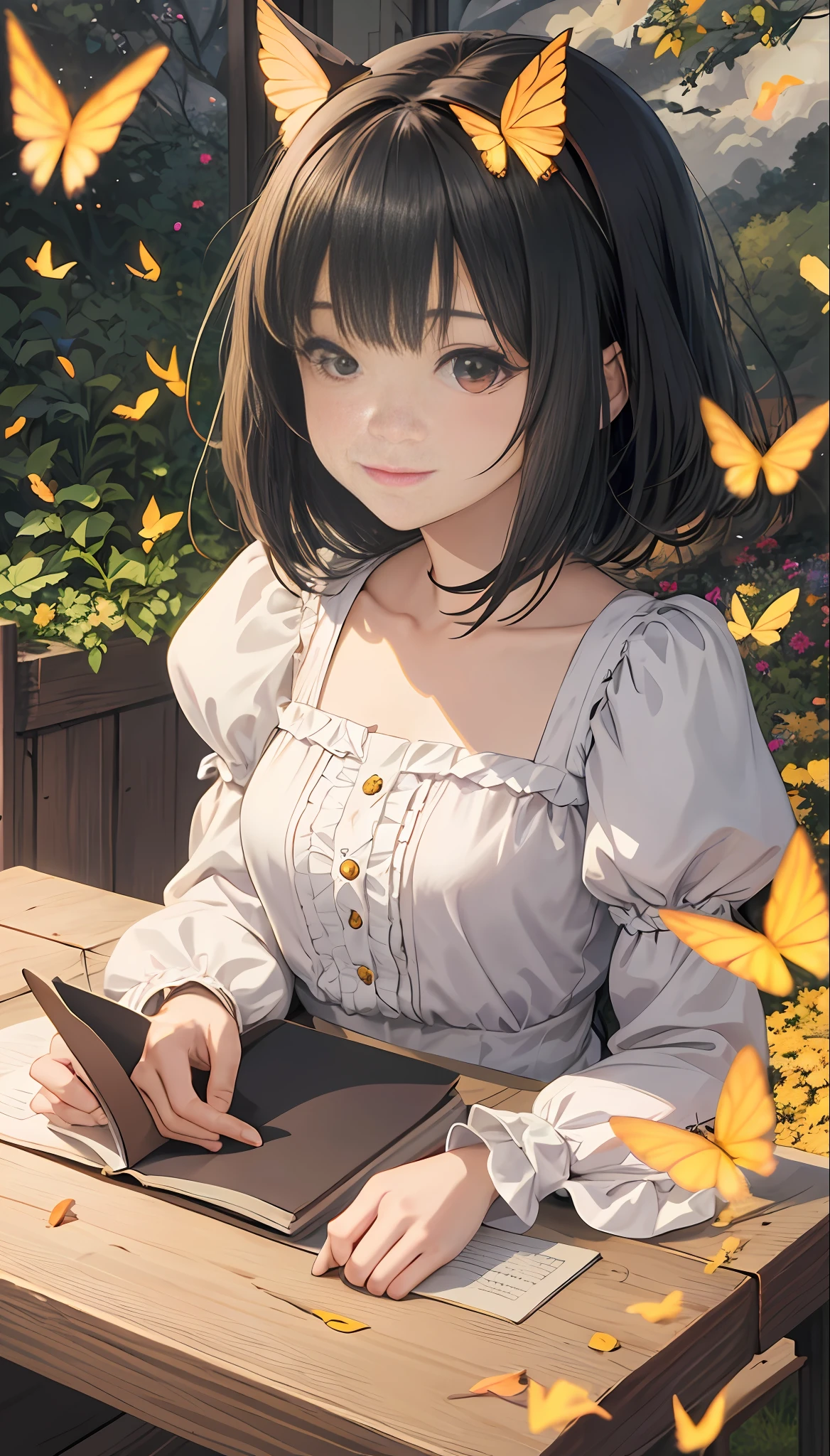 Anime girl reading on a table with lights, enjoying her time in an empty field, surrounded by the beauty of nature, warm sunlight sprinkling on her, wildflowers gently swaying in the breeze. Butterflies and birds flying around her add to the playful atmosphere, anime visuals of cute girls, portraits of cute anime girls, cute detailed digital art, anime style portraits, beautiful anime portraits, digital anime illustrations, cute anime girls, detailed portraits of anime girls, anime style illustrations, kawaii realistic portraits, cute anime girl portraits, detailed fan art, young anime girls, detailed digital anime art, black hair, hair bow, smile, gaze level shooting, Ghibli-like colors, first-person perspective, UHD