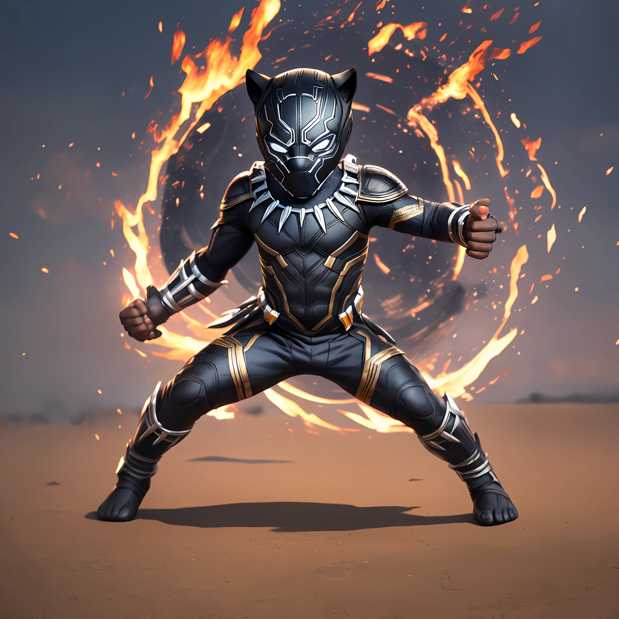 Marvel hero Black Panther, 3 years old, child, cute, child figure, battle pose, perfect hands and feet, defocused background, Wakanda background --auto --s2