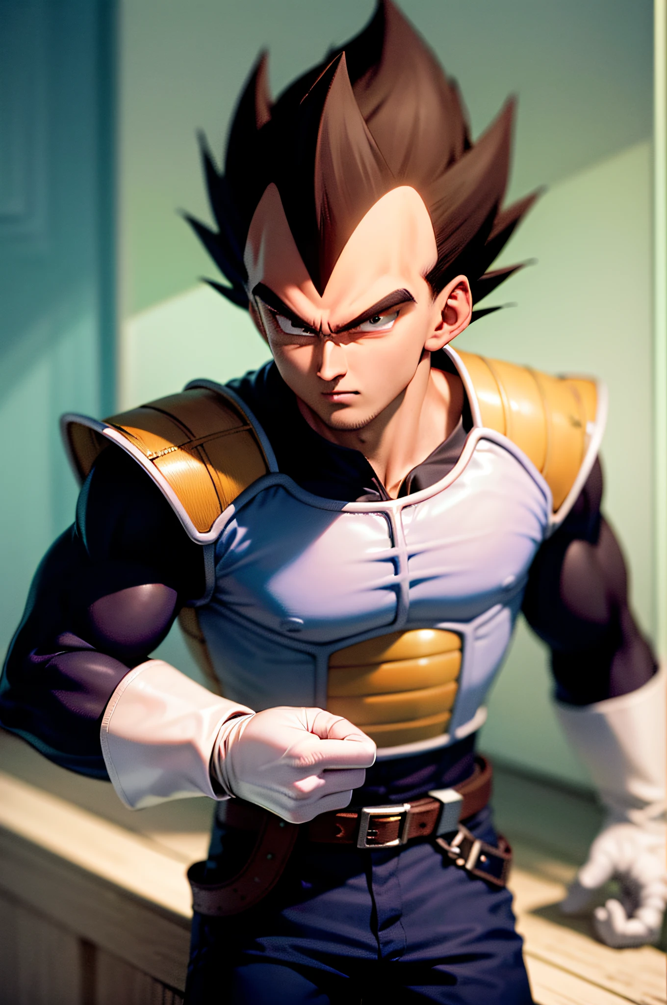 (masterpiece, best quality:1.2), cowboy shot, solo, male focus, 1boy, vegeta, serious, looking at viewer, black spiked hair, black eyes, armor, white gloves