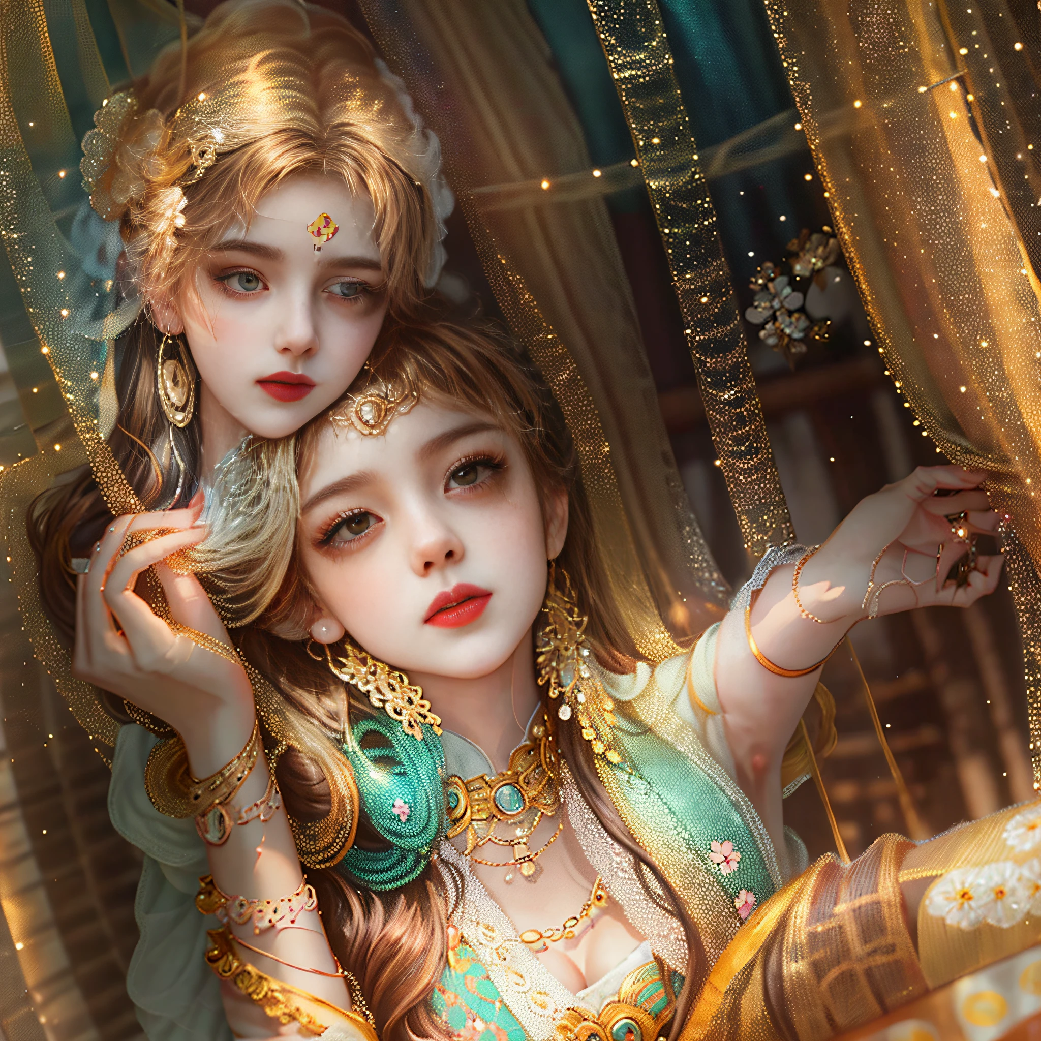 ayoung woman leaningon awindow foraselfie in the, style of light orange and light gold, kawaii, aesthetic floral accents eye-catching resin jewelry., dark brown and light brown, romanticized femininity., traditional